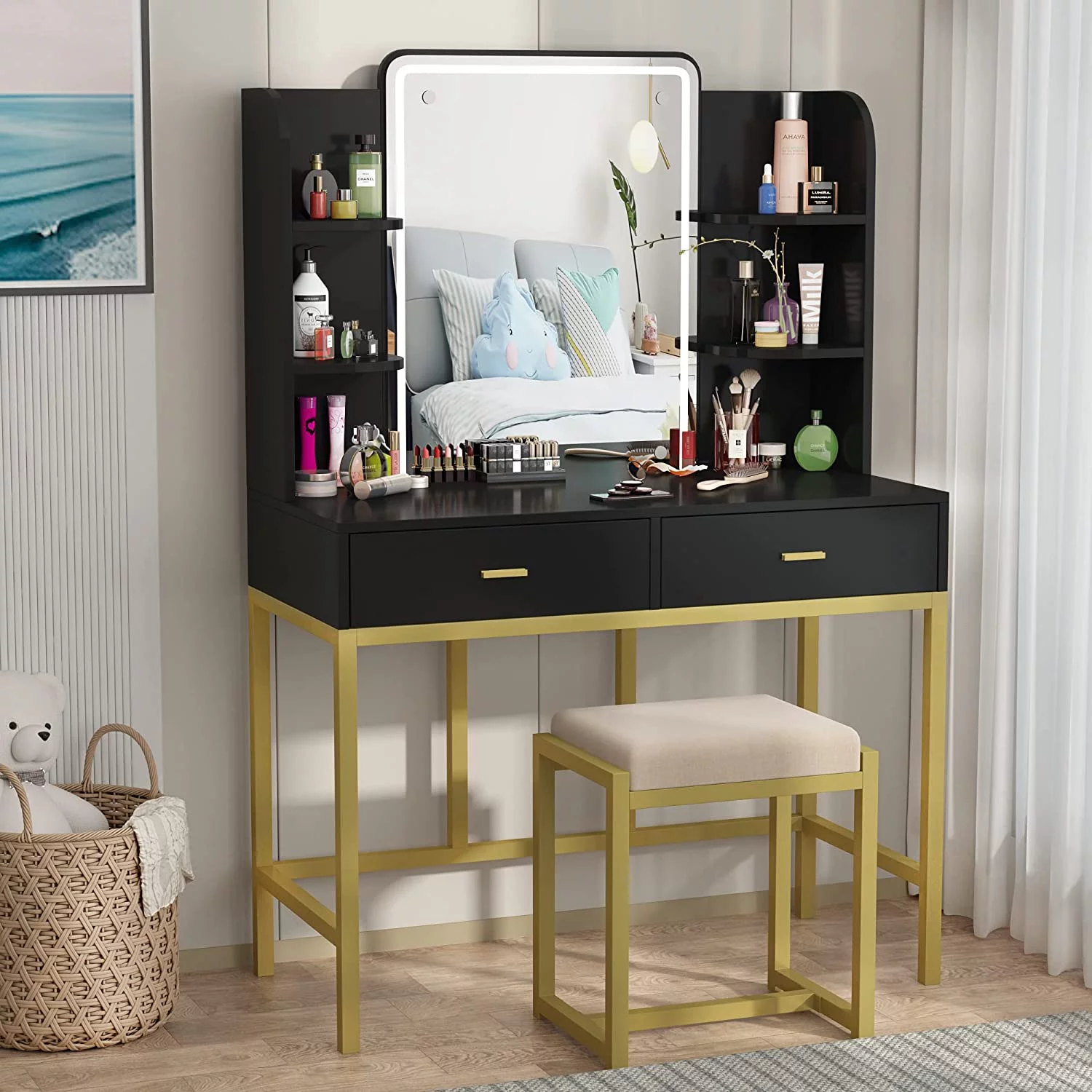 Vanity Set with Lighted Mirror, Makeup Vanity Dressing Table with LED Lights, Storage Shelves, Cushioned Stool & 2 Drawers, Dresser Desk for Bedroom, Black