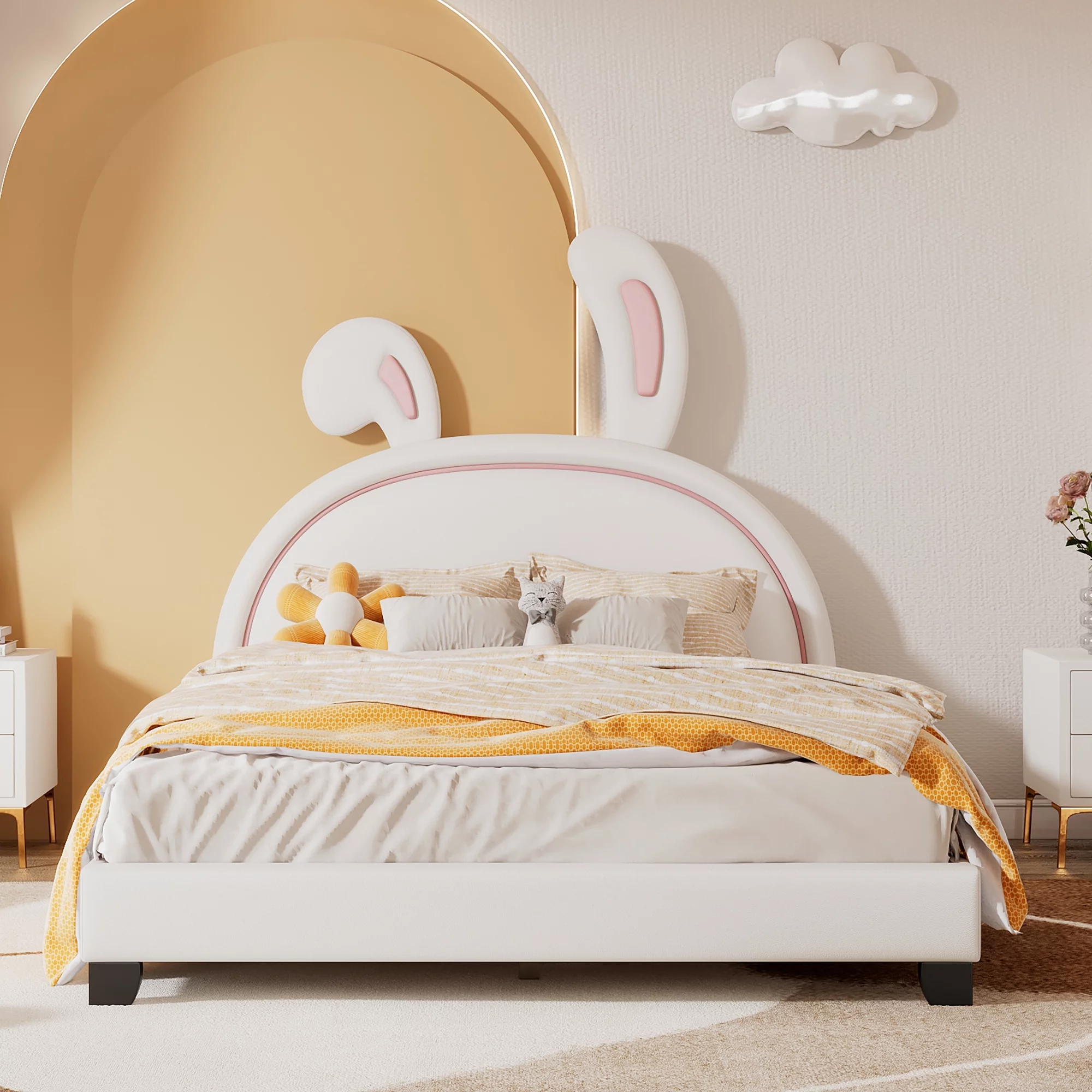 iRerts Full Bed Frame, Cute Full Size Upholstered Leather Platform Bed Frame with Rabbit Headboard, Full Platform Bed Frame for Kids Teens, Platform Bed Full for Bedroom, No Box Spring Needed, White
