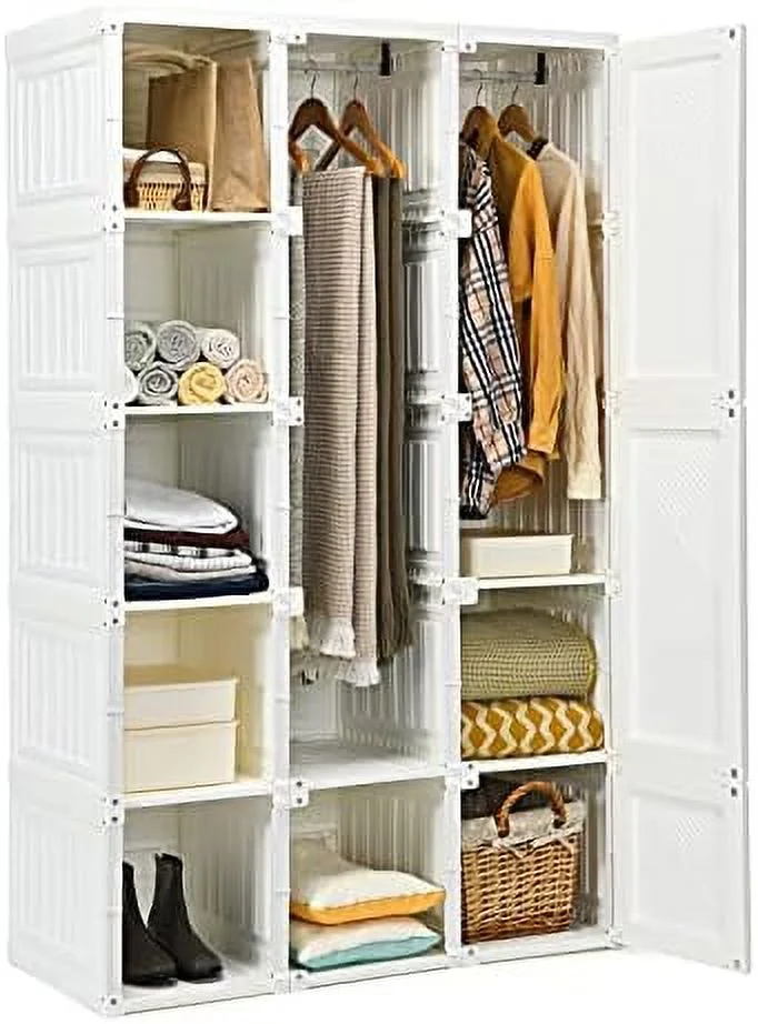 YPZBBOOM Portable Wardrobe Closet Foldable Clothes Organizer w/Cubby Hanging Rods Magnet Doors Safe Easy Assemble Clothing Folding Bedroom Armoire (8 Cubbies)