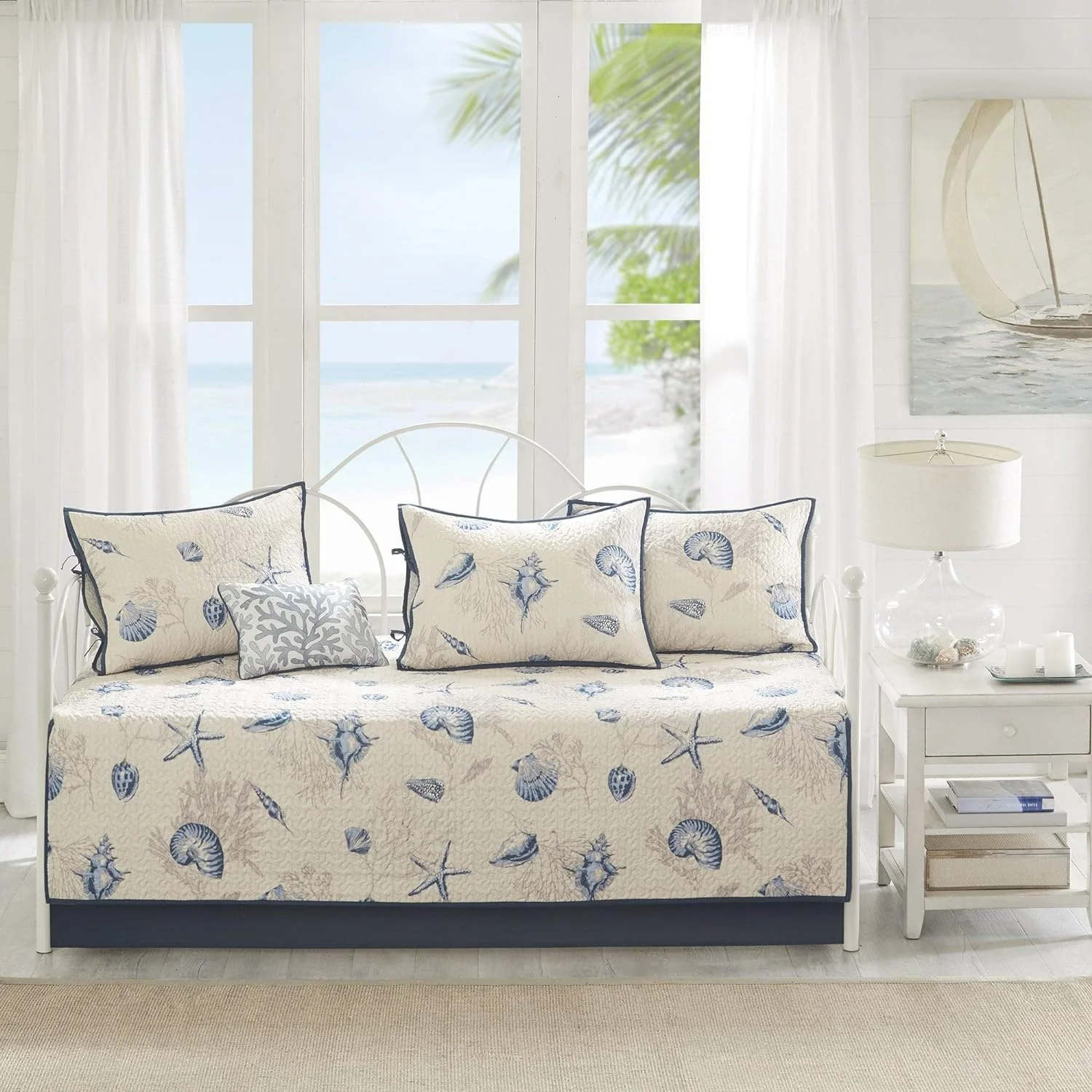 Blue 6-Piece Daybed Set Motif Casual Nautical Coastal Microfiber Bedskirt Included Reversible