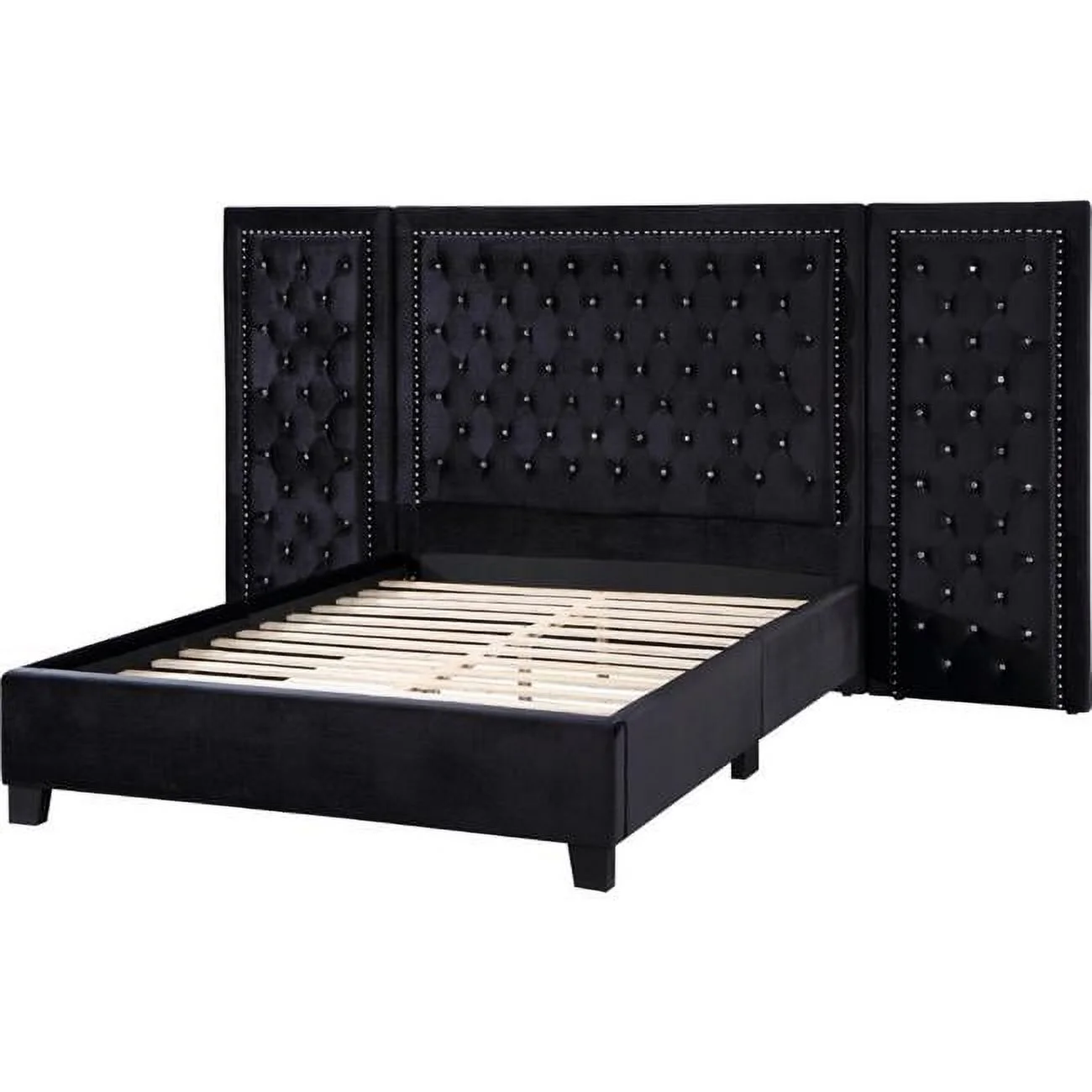 Cleo Velvet Bed with XL 3 Panel Tall Headboard & Crystal Tufted, Black - Queen Size
