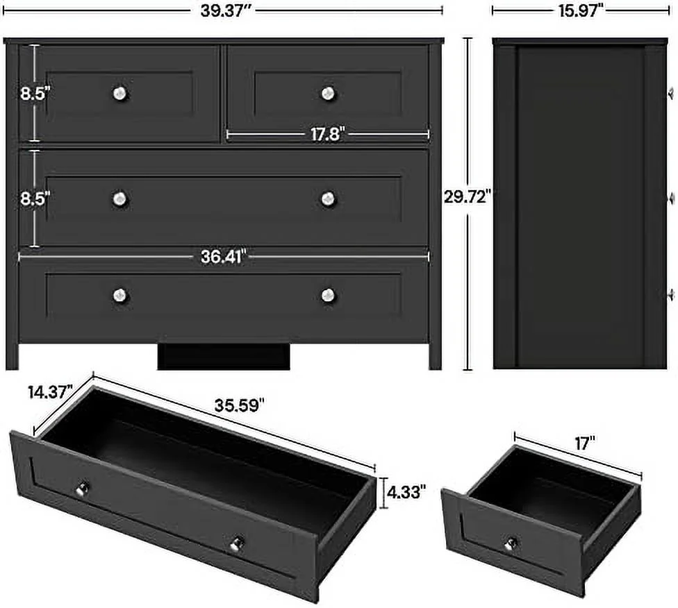 NLIBOOMLife 4 Chest of Dresser for Bedroom  Black Modern Drawer Dresser Wooden Dressers & Chests of Drawers  Clothes  with Large Drawer  Tall Nightstand Organizer for   Living Room  H