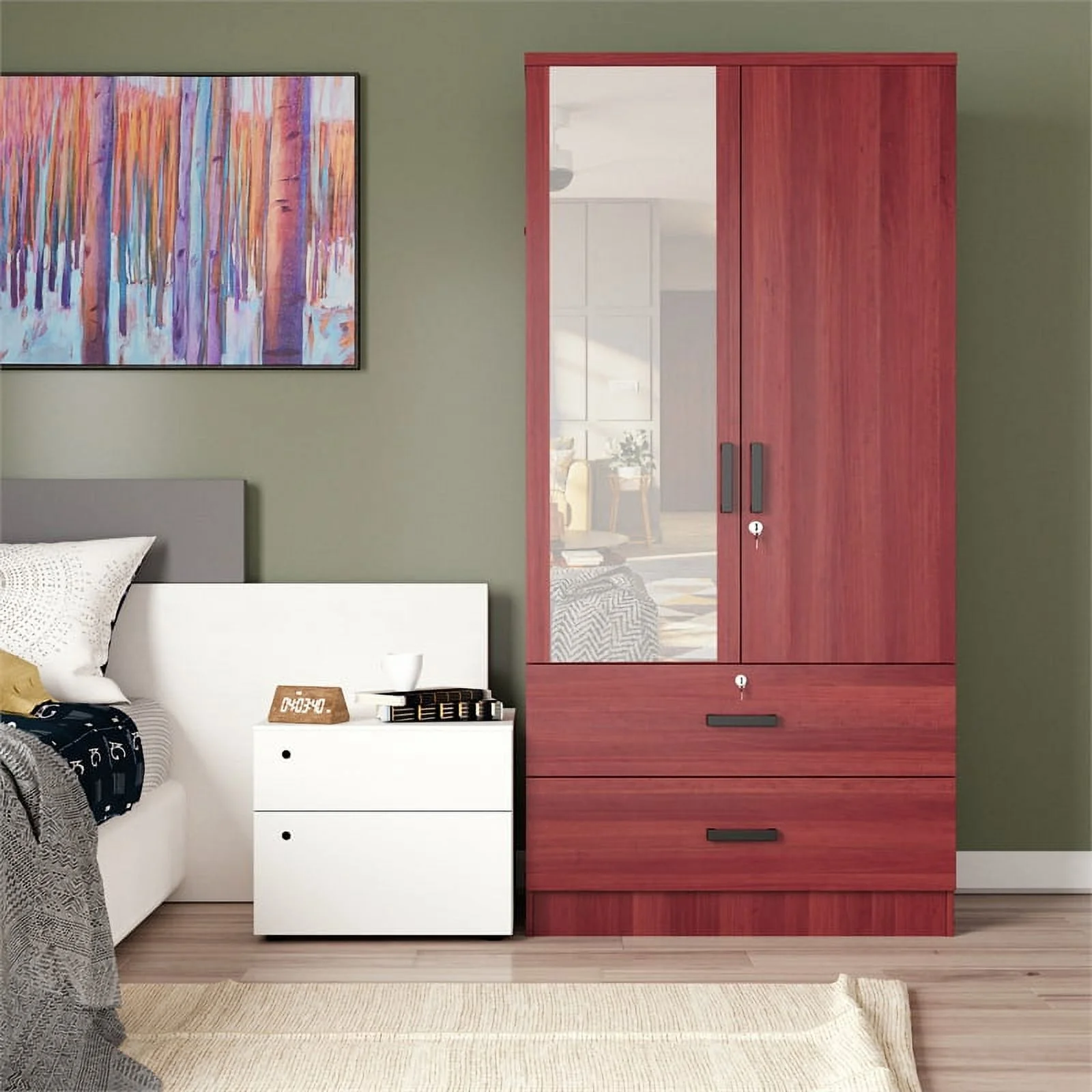 Better Home Products Grace Armoire Wardrobe with Mirror & Drawers in Mahogany