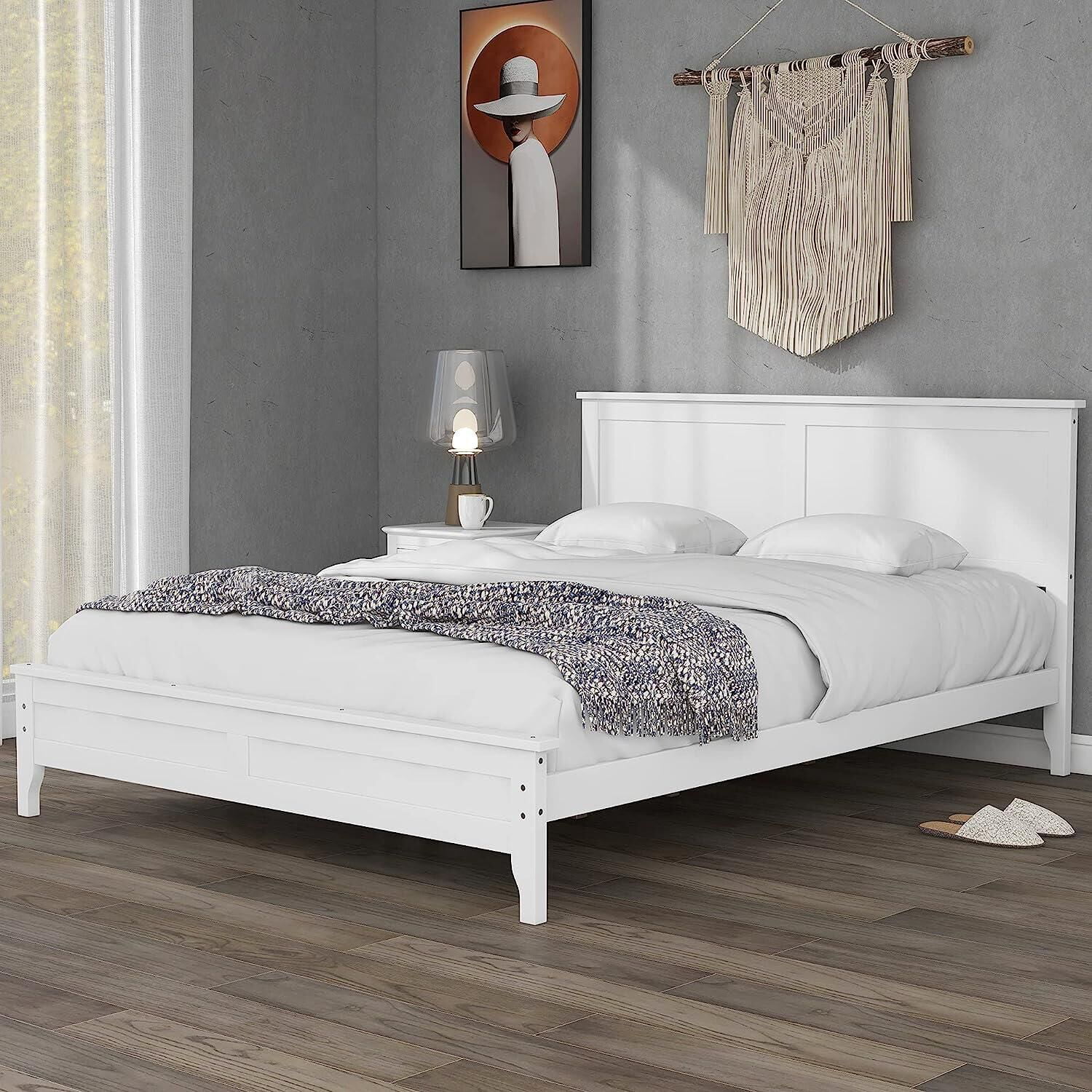 Bellemave Queen Bed Frame with Headboard, Modern Wood Platform Bed Frame Queen Size, No Box Spring Needed (White)