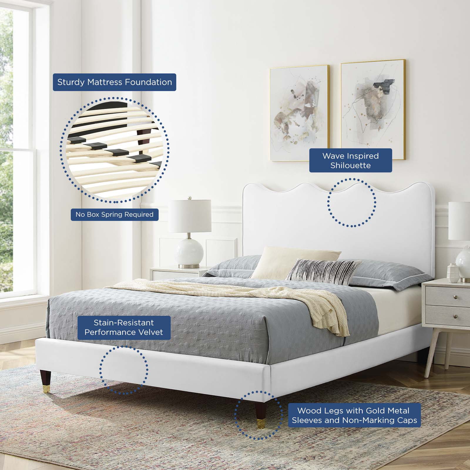 Platform Bed Frame, Twin Size, White, Velvet, Modern Contemporary, Bedroom Master Guest Suite Room