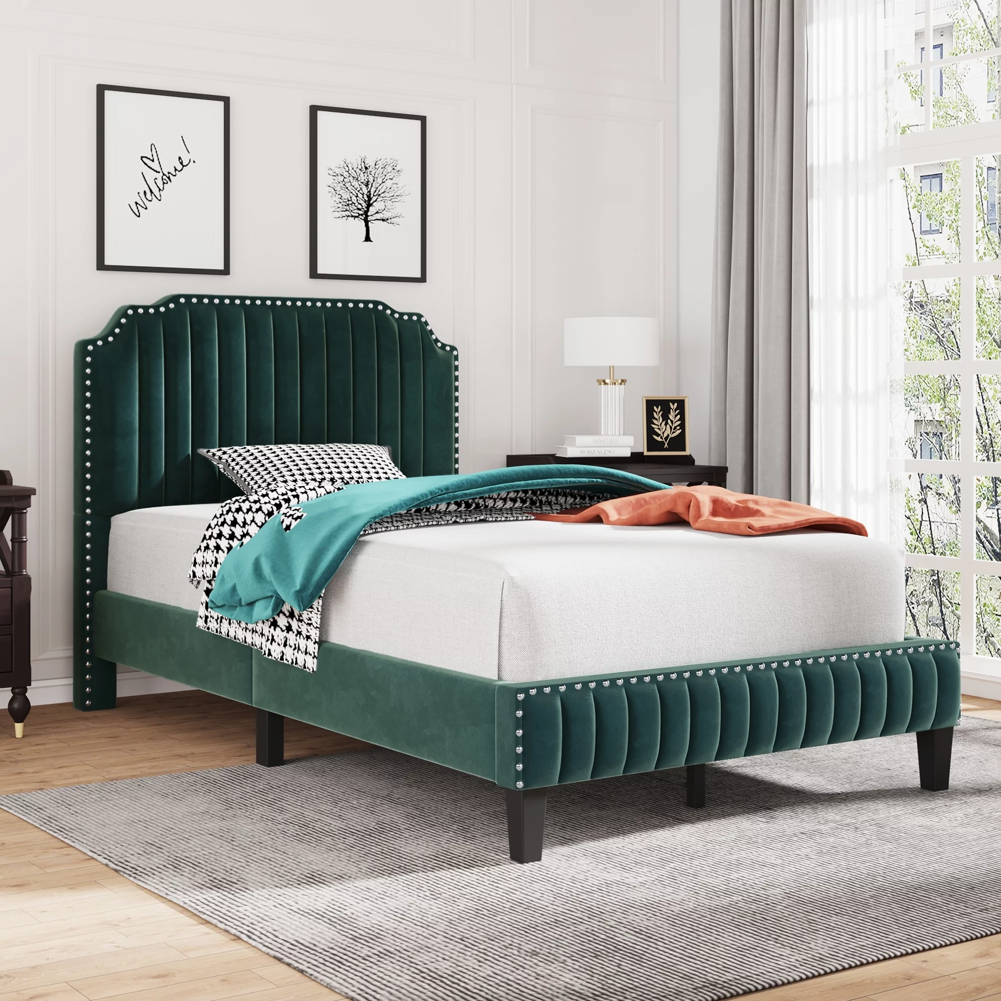LYPER Modern Velvet Curved Upholstered Platform Bed , Solid Wood Frame , Nailhead Trim, Green (Full)