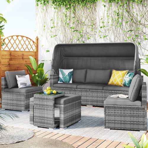 Churanty 5 Pieces Outdoor Conversation Wicker Furniture Set Sectional Patio Rattan Sofa Set Rattan Daybed with Canopy and Glass Side Table, Gray