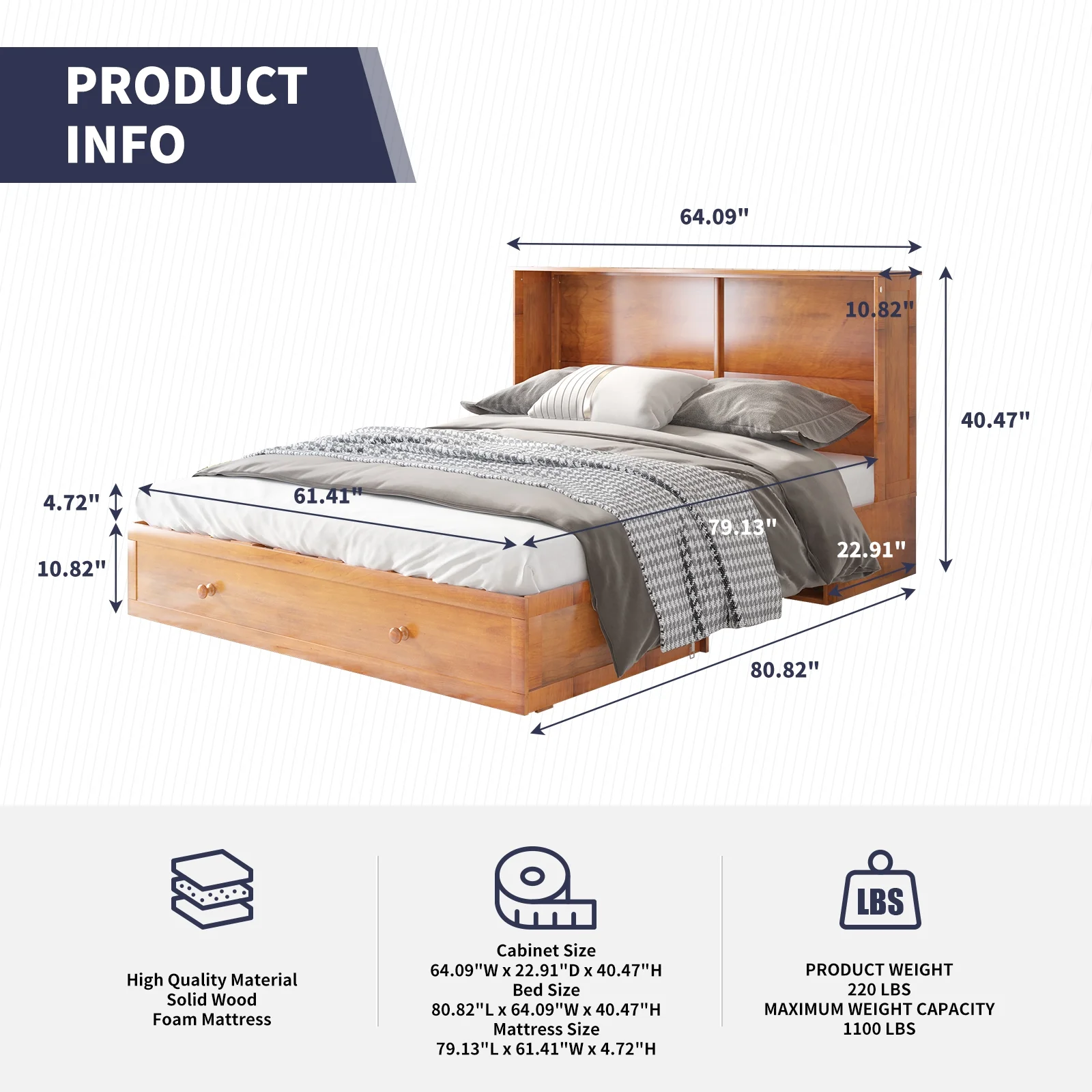 ijuicy Queen Size Murphy Bed Chest, Cube Chest Cabinet Bed with Charging Station & Trifold Memory Foam Mattress & Large Drawer for Guests Room/Bedroom Cherry