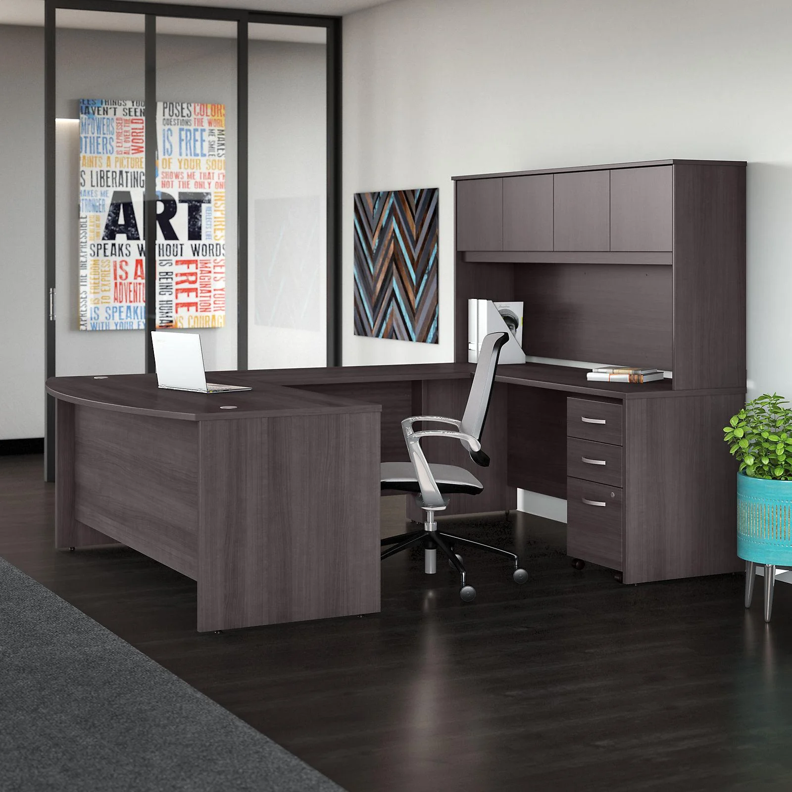 Studio C 72W x 36D U Desk with Hutch and Drawers in White - Engineered Wood