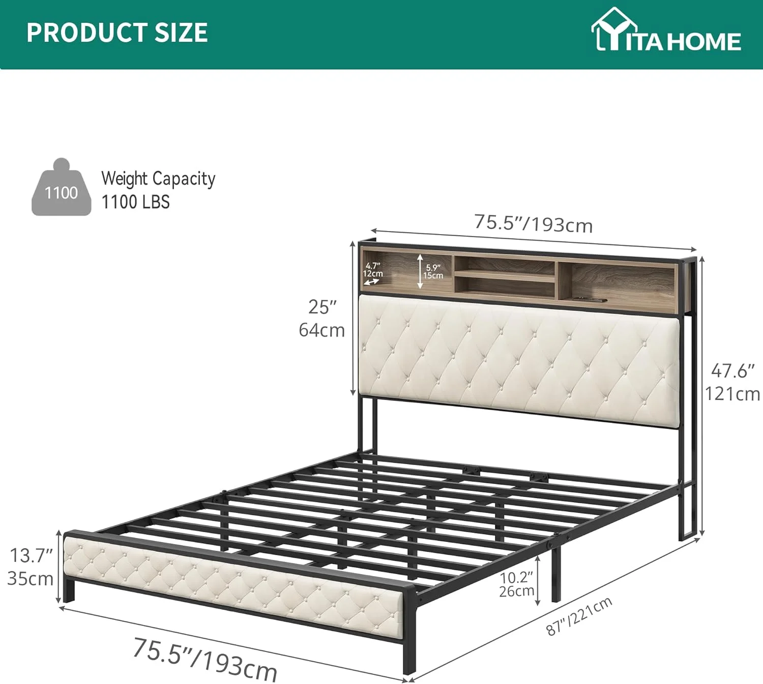 WAGEE King Size Bed Frame, Platform Bed Frame with Charging Station, Upholstered Storage Headboard & Footboard Metal Slats Supports Mattress Foundation, No Box Spring Needed, Beige