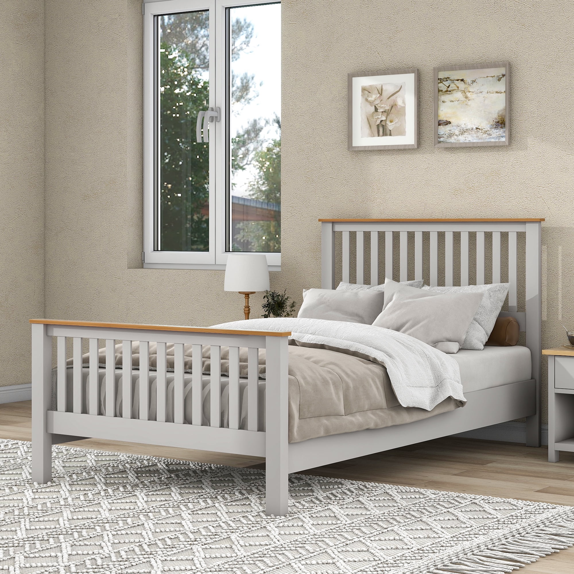 uhomepro Gray Full Size Bed Frame with Headboard, No Box Spring Needed, Country Style Bedroom Furniture
