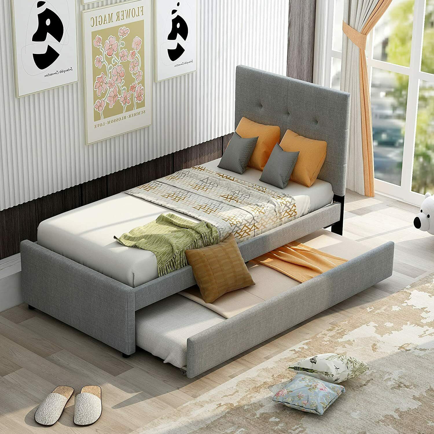 CHURANTY Twin Size Linen Upholstered Platform Bed with Headboard and Trundle, No Box Spring Needed, Gray