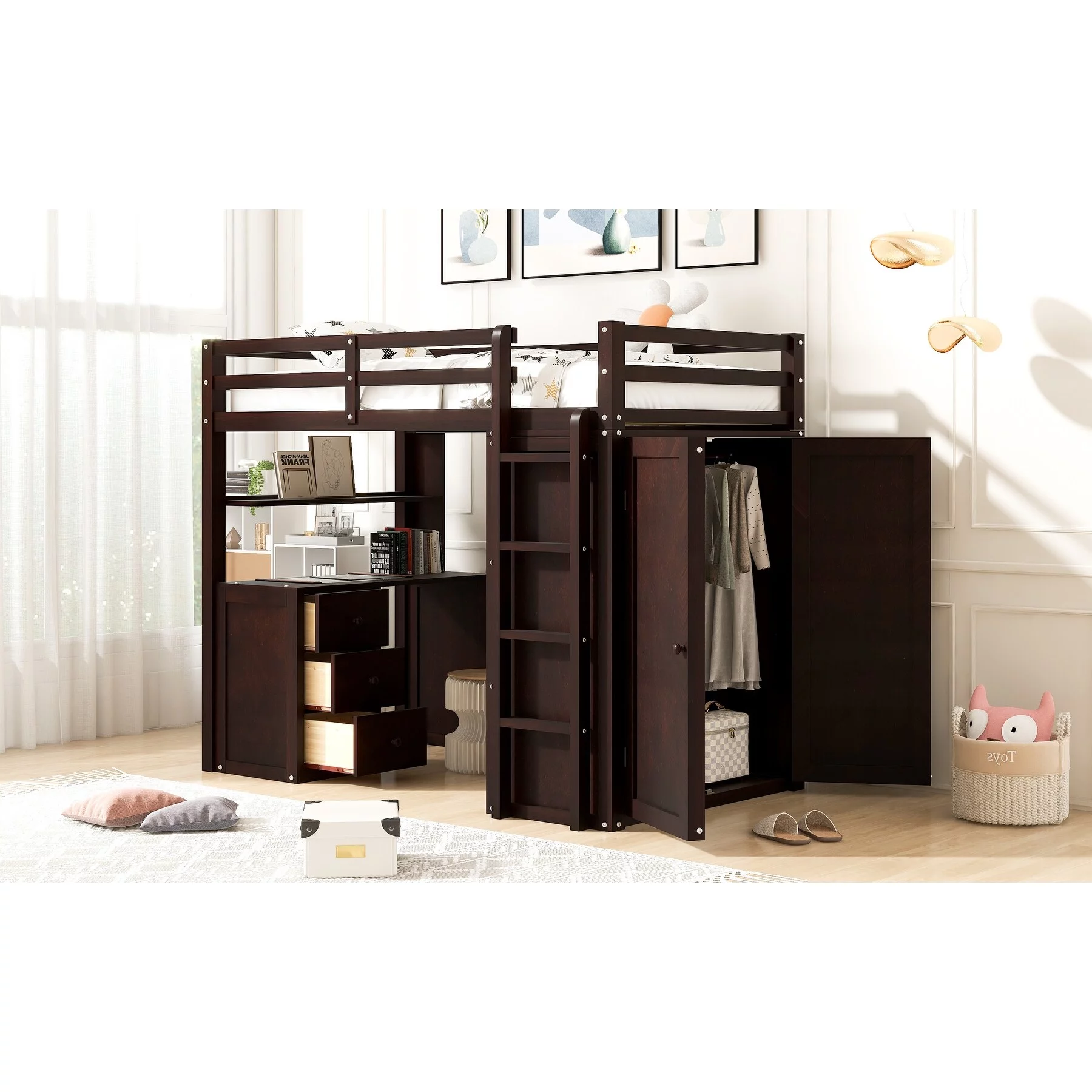 Twin Size Loft Bed with Drawers, Desk, and Wardrobe - Maximized Space, Versatility Galore, Solid Construction Espresso