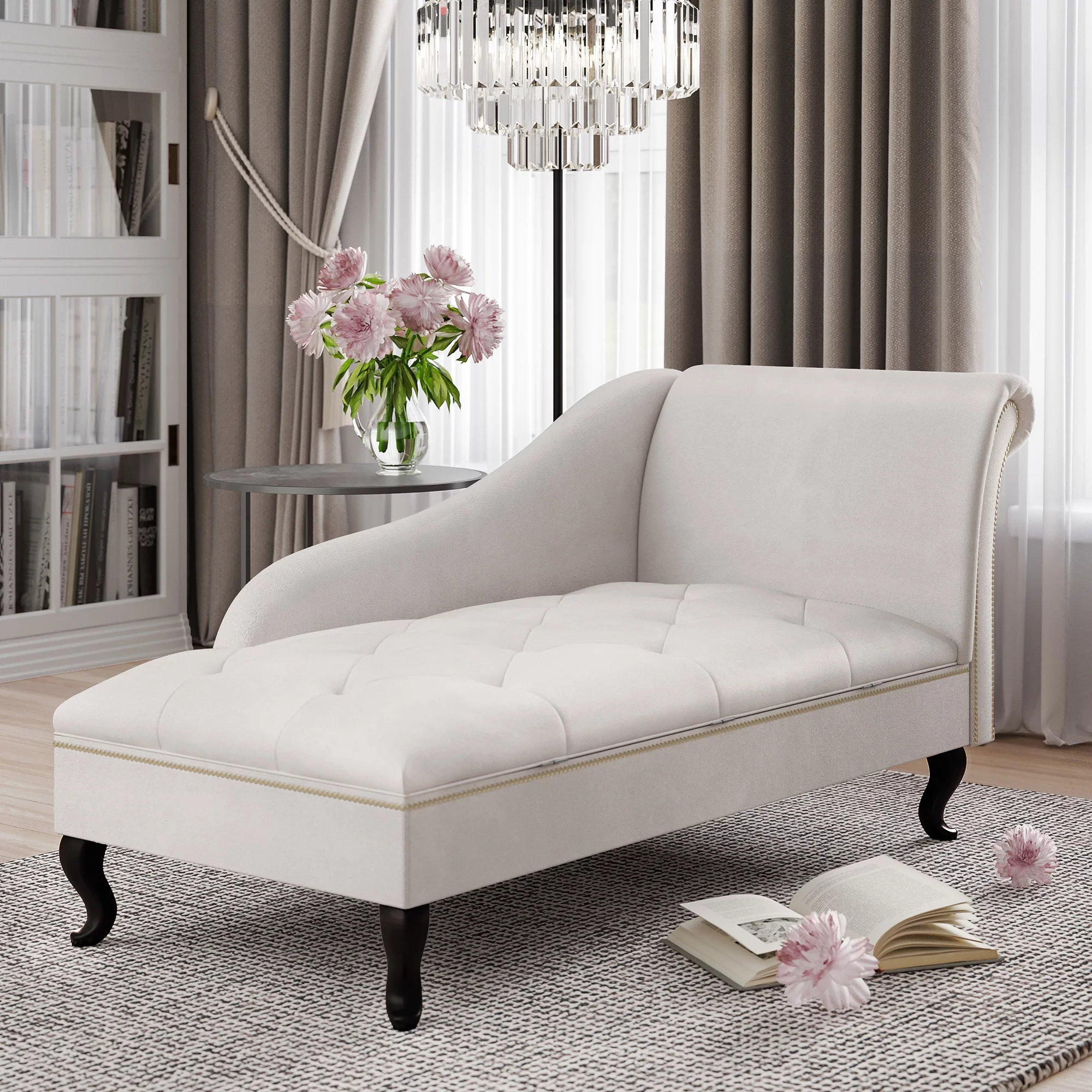 Belleze Nailhead Trim Velveteen Storage Chaise Lounge Chair Tufted Couch for Bedroom Living Room Fold Open Lid, Beige