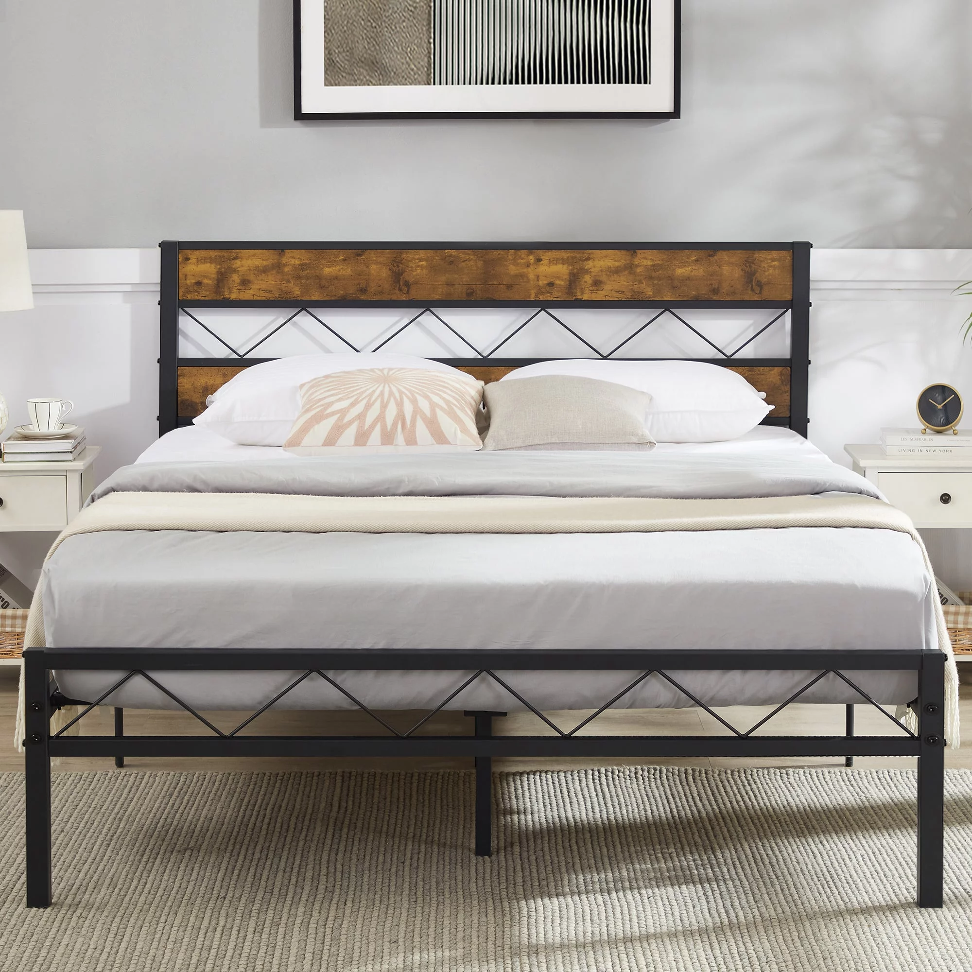 VECELO 3-Piece Bedroom Sets, Queen Size Metal Bed Frame and 2 Brown Nightstands