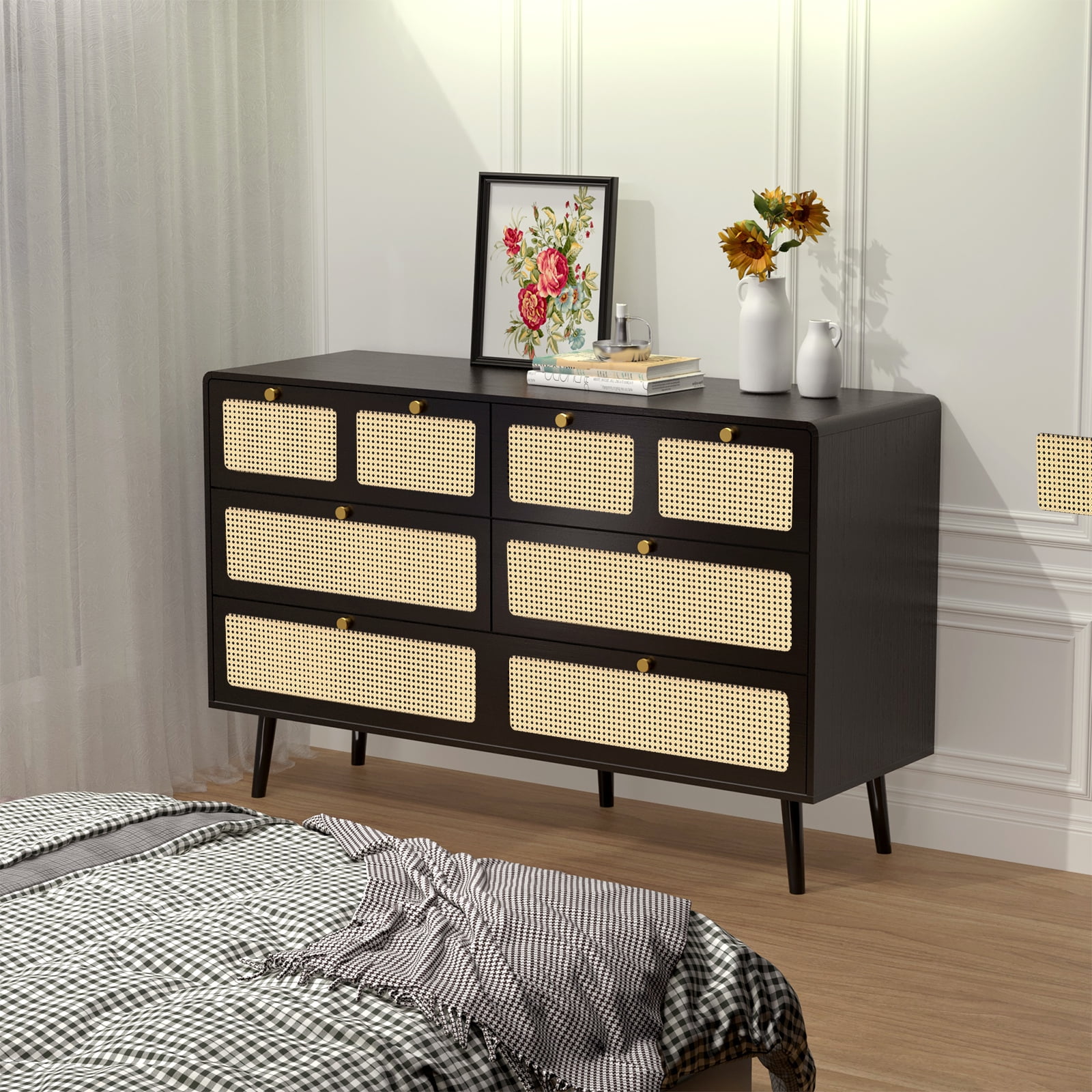 CoSoTower 6 Drawer Dresser, Modern Rattan Dresser Chest with Wide Drawers and Metal Handles, Farmhouse Wood Storage Chest of Drawers for Bedroom, Living Room, Hallway, Entryway