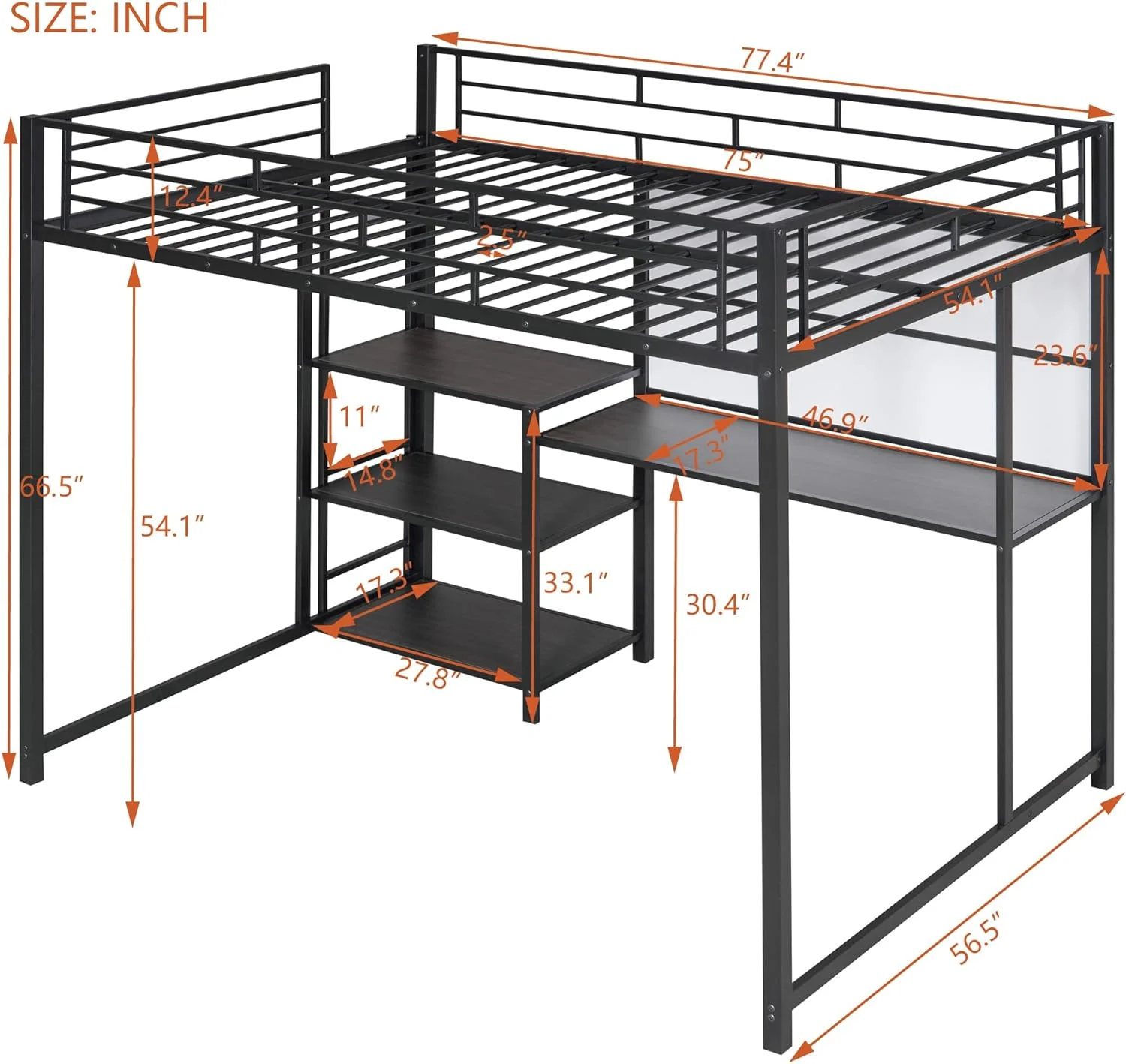 Full Loft Bed With Desk And 3 Shelves, Metal Full Size Loft Bed With Writing Board, Sapce Saving Loft Bed Full For Kids, Boys,Girls,Teens,Black