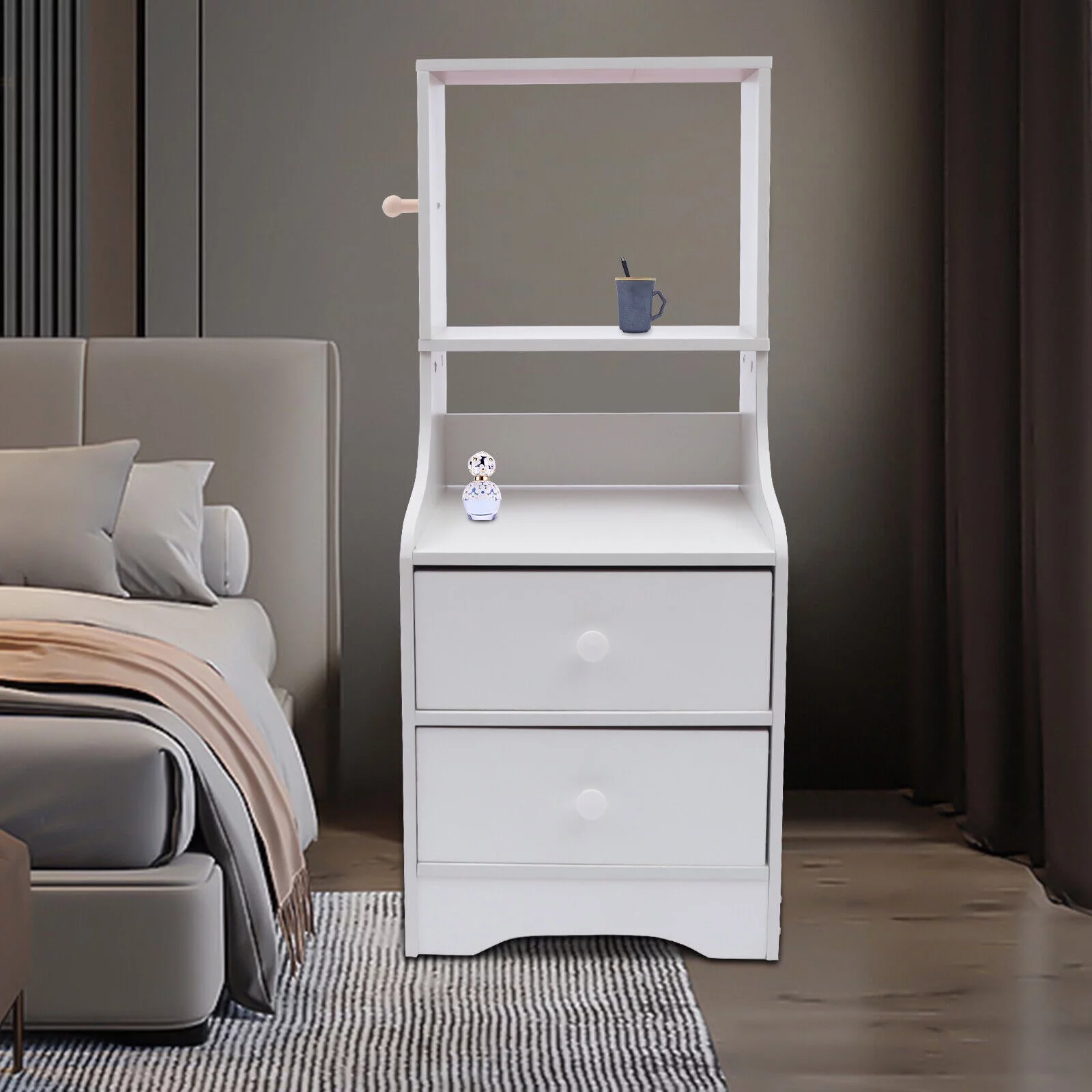 ZhdnBhnos Modern Nightstand Tall Bedside Table Storage Cabinet Sofa End Table with 2 Drawers and Open Shelves for Bedroom Living Room