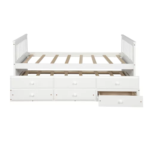 TOPMAX Captain's Bed Twin Daybed with Trundle Bed and Storage Drawers, White