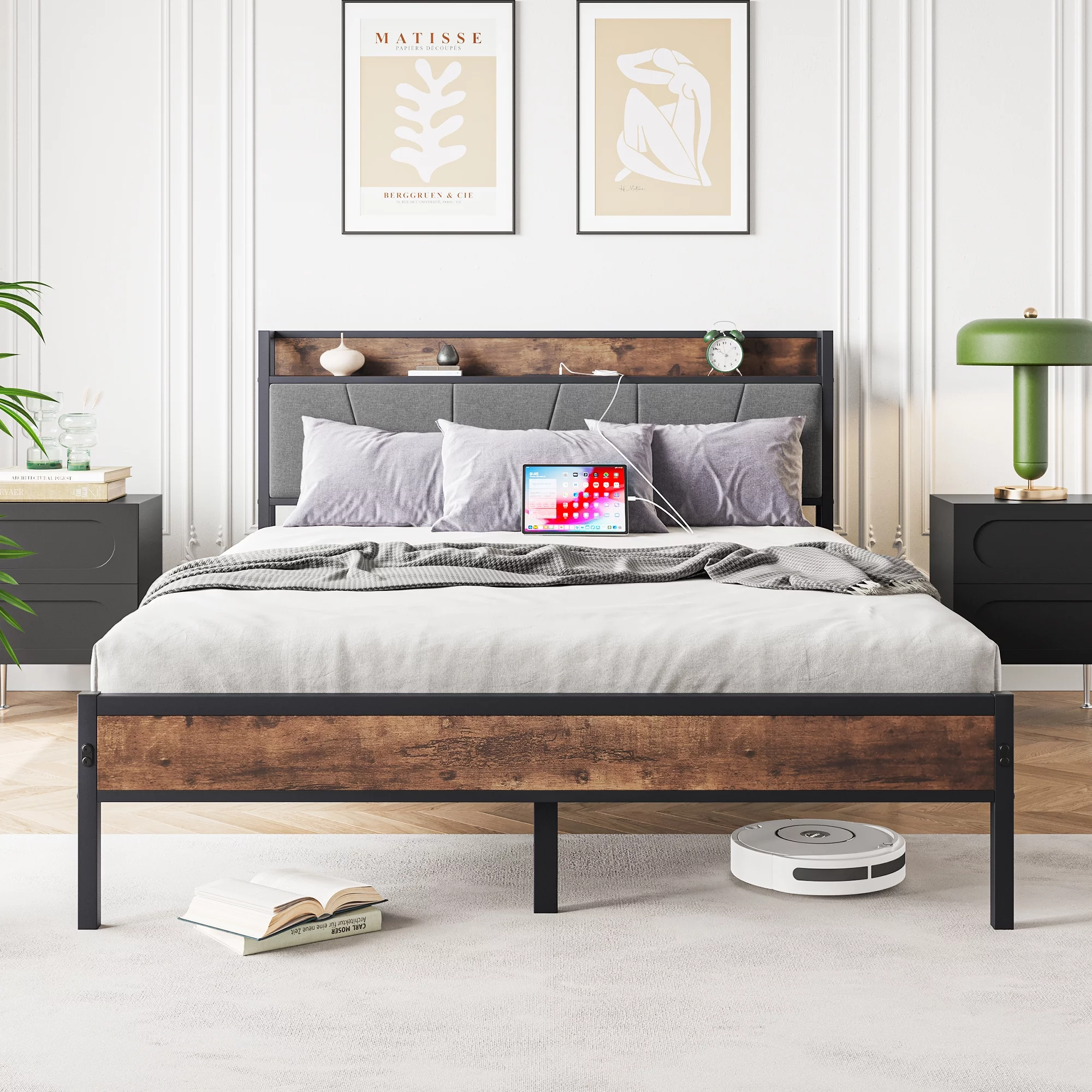iRerts Queen Bed Frame with Charging Station, Metal Frame Queen Platform Bed Frame with Storage Headboard, 2 Outlets and 2 USB, Bed Frame Queen Size for Bedroom, No Box Spring Needed, Vintage Brown