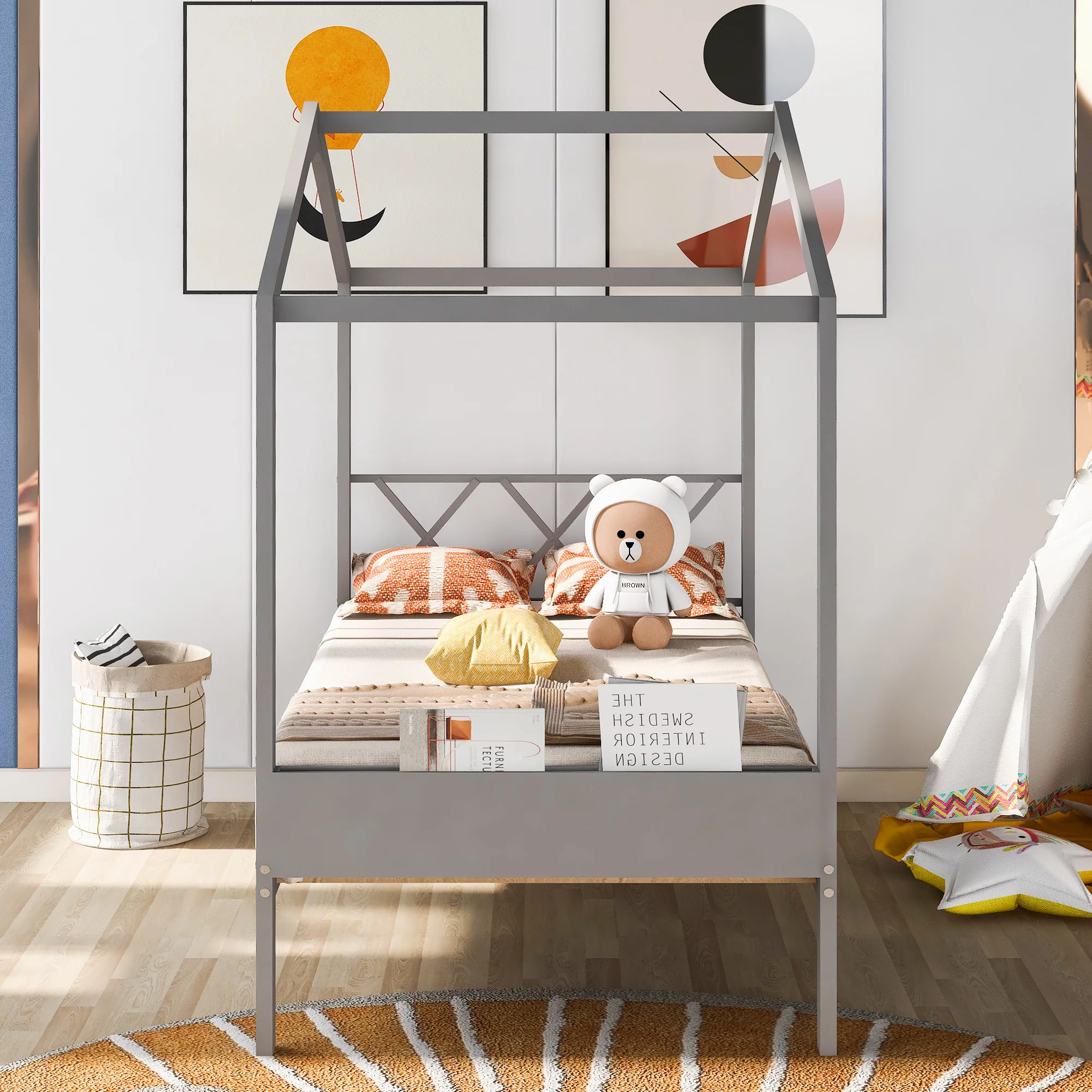 House Bed for Kids Bed with Headboard and Storage, Wood Platform Bed Frame House Beds for Girls Boys Teens Adults