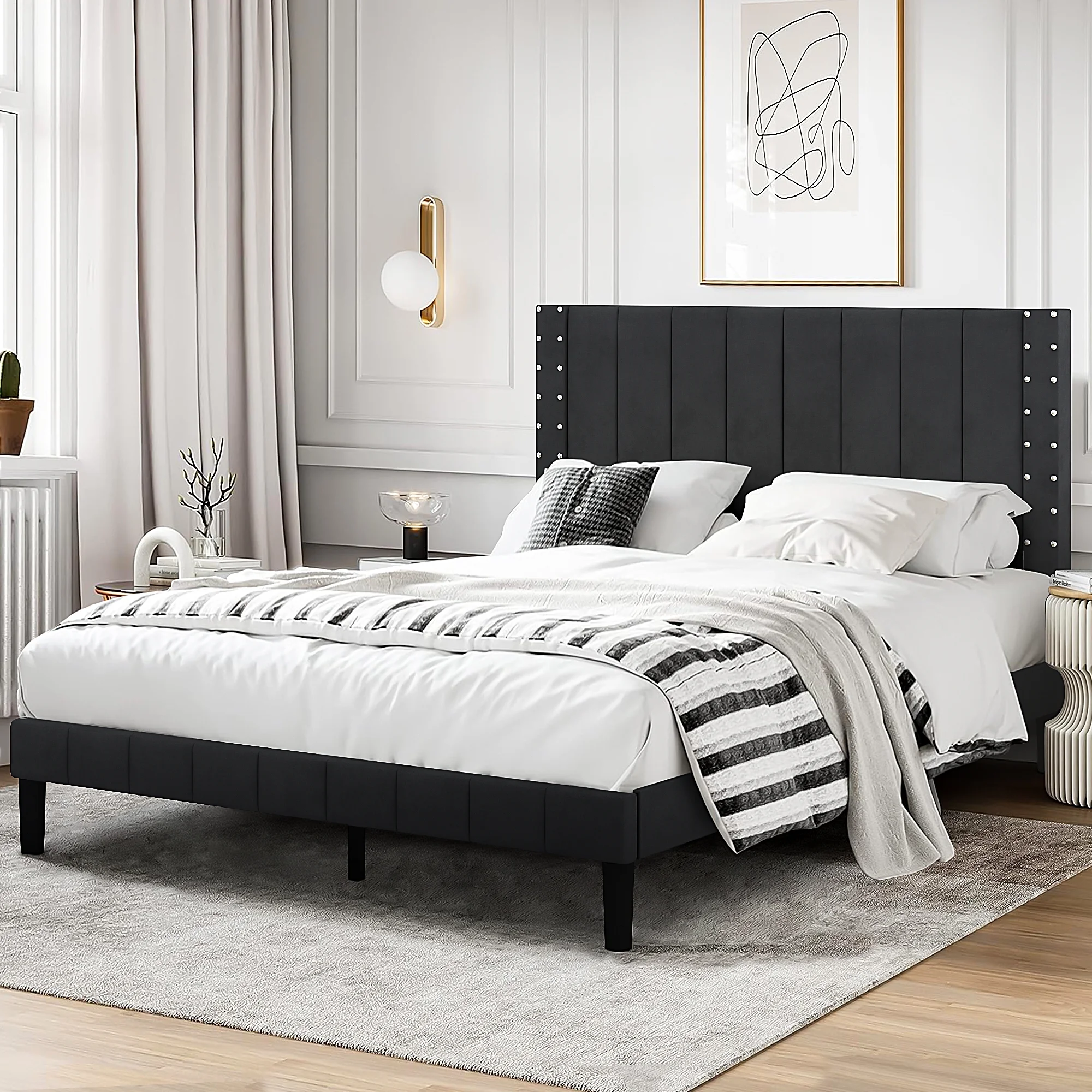 PAPROOS Queen Platform Bed Frame, Upholstered Bed Frame Queen Size with Vertical Channel and Rivet Decor Headboard, No Box Spring Needed, Easy Assembly, Black