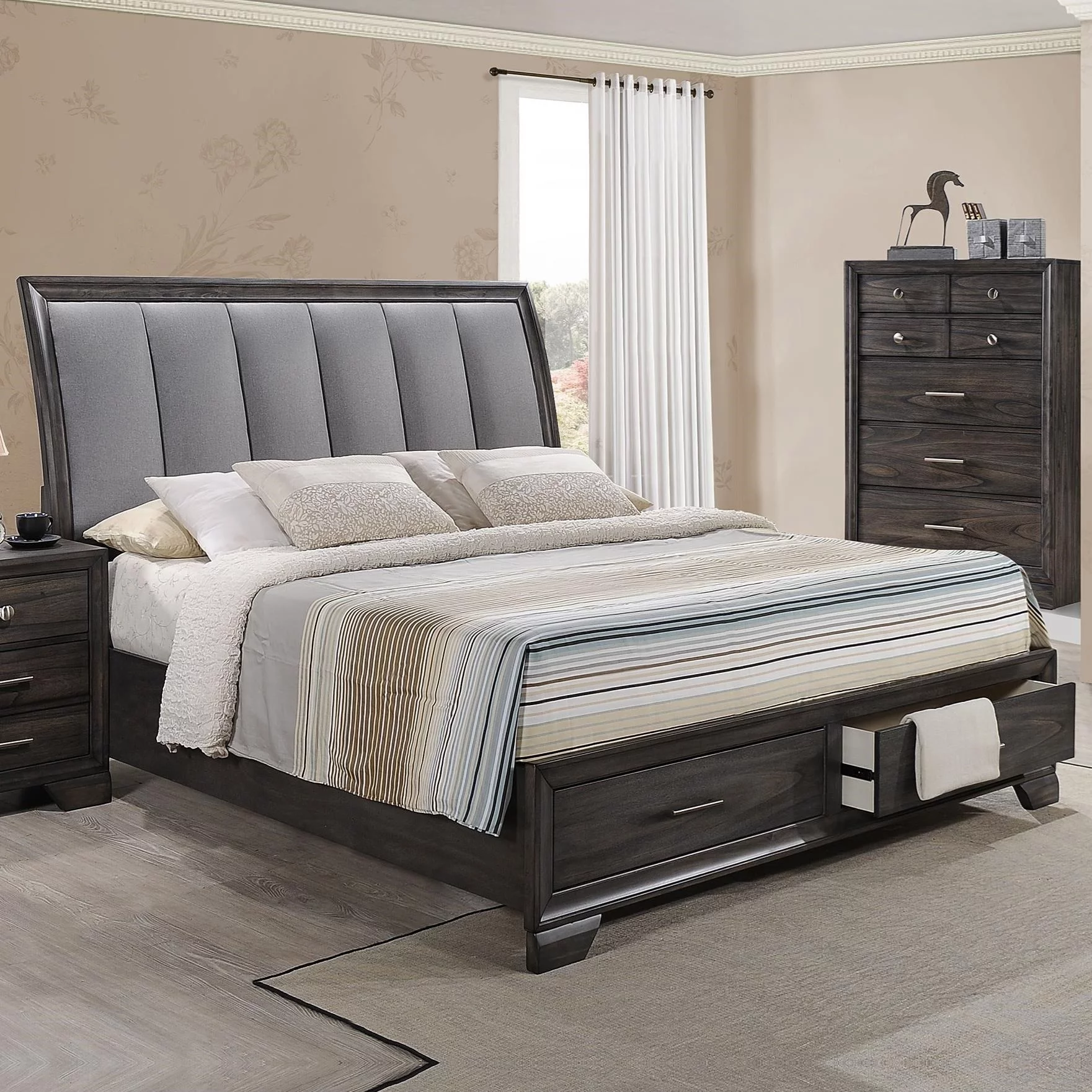 Contemporary 5pc Queen Upholstered Headboard Storage Drawers Bed Dresser Mirror Nightstand Furniture