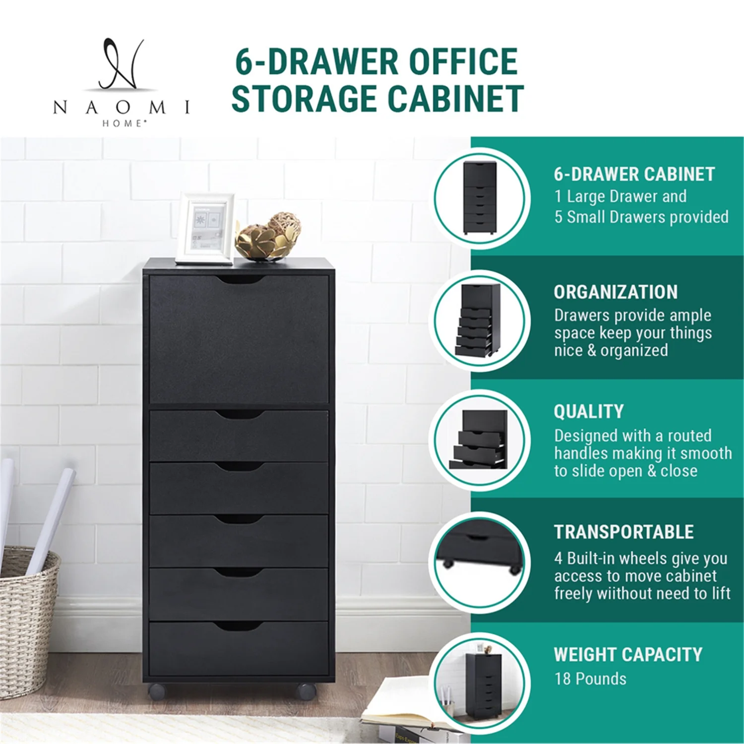 6 Drawer Dresser, Tall Dressers for Bedroom, Kids Dresser with Wheels, Storage Shelves with Drawers, Small Dresser for Closet, Makeup Dresser with 180 lbs Capacity - Black