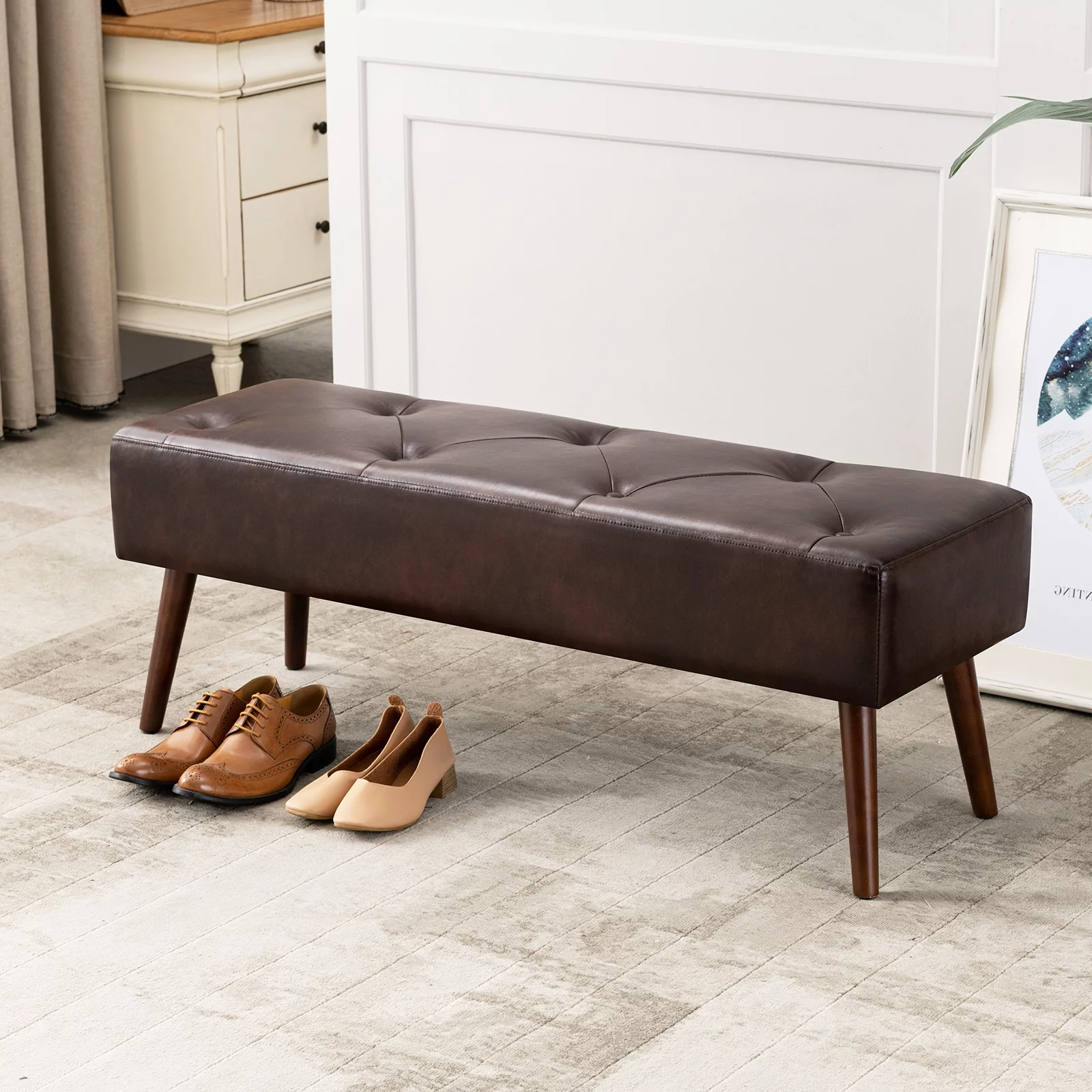 Furniliving Long Entryway Bench Frame Bedroom Ottoman Upholstered Bench,BlackBrown