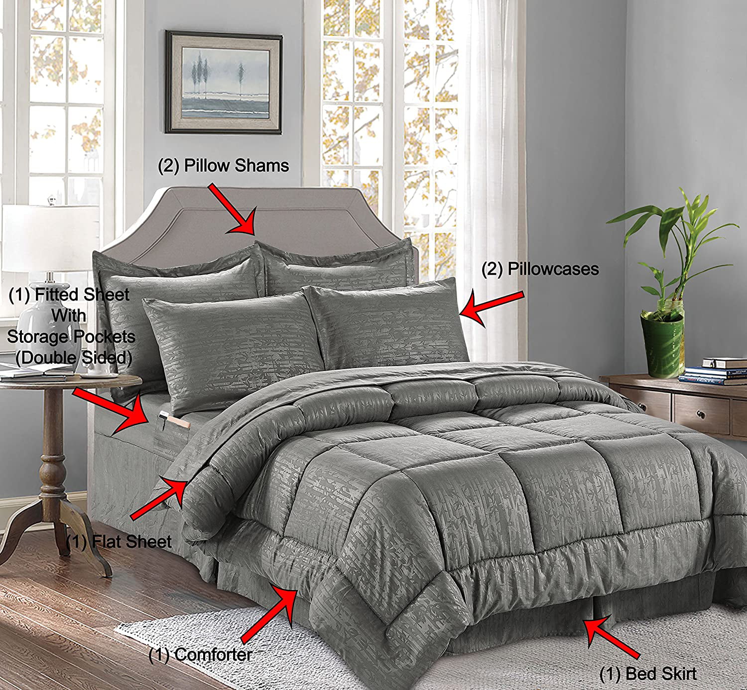 8 Pieces Bamboo Comforter set Includes Bed Sheet Set with Double Sided Storage Pockets, King Cal King, Black
