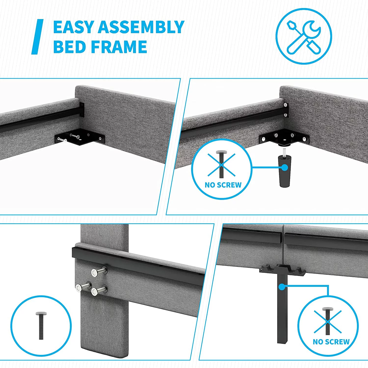 Mjkone King Platform Bed Frame with Wooden Slat Support, King Bed Frame and Headboard, King Size Bed Use Linen Upholstery, No Box Spring Needed/Easy Assembly/No Mattress (King, Dark Grey)