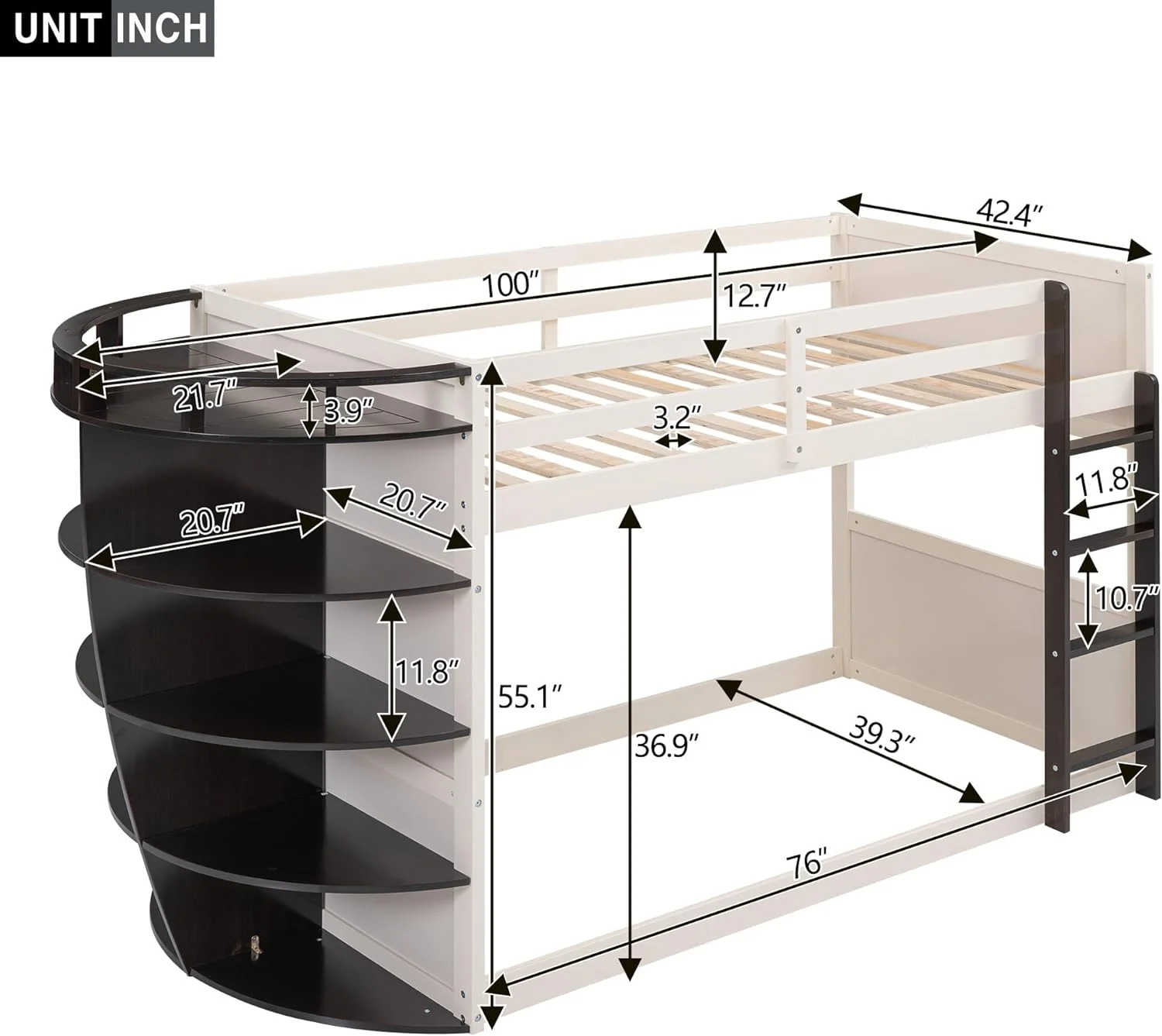 Solid Wood Bunk Bed Frame, Twin Over Twin Boat Shaped Bunk Bed with Storage Shelves, Bunk Bed for Kids