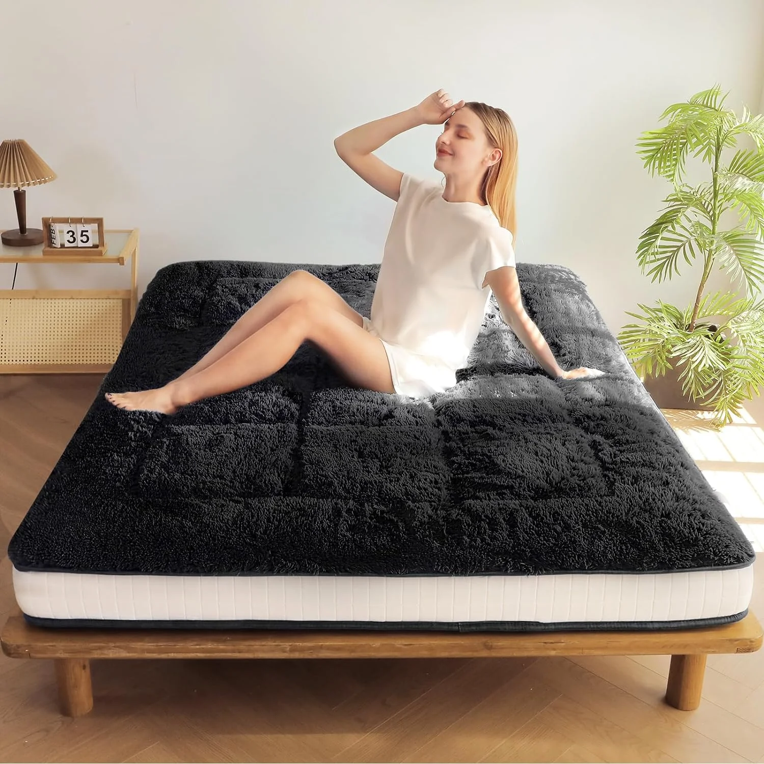 OUWI 6 Inch Extra Thick Fluffy Floor Futon Mattress, Long Plush Floor Mattress for Adults Twin Mattress, Super Soft Fuzzy Bed Mattress Portable Japanese Futon Guest Mattress RV Mattress, Black