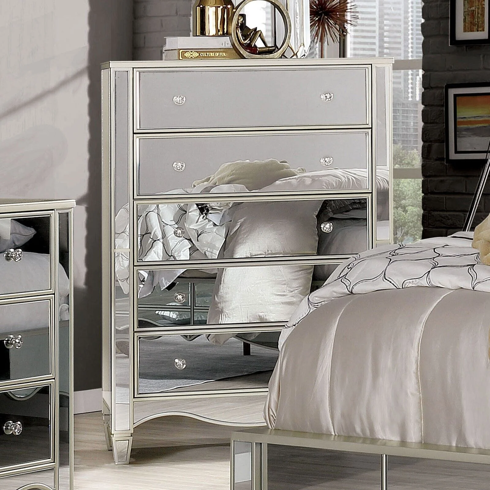 Silver Mirror Panel 6pc Bedroom Set Gorgeous Traditional Est King Size Bed Dresser Nightstands Chest Button Tufted Leatherette
