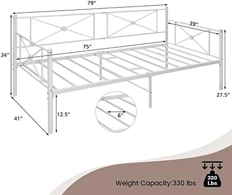 NLIBOOMLife Twin Size Daybed Frame  Metal Sofa Bed w/Heavy Duty Steel Slats Support  Mattress Foundation  Dual-Use Platform Bed for Living Room Bedroom Guest Room  Easy Assembly  White