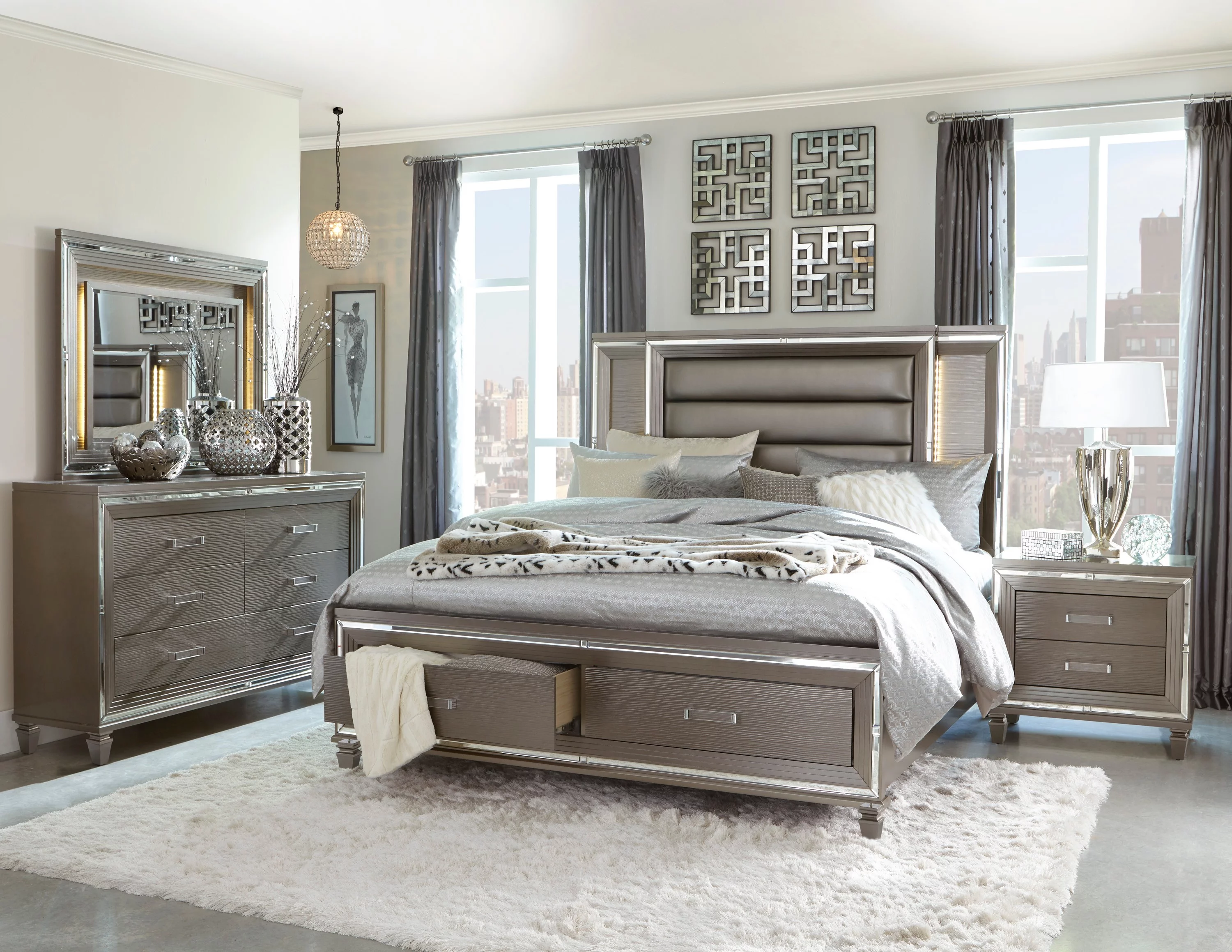 Glamorous Silver-Gray Metallic Finish Bedroom 4pc set Queen Size Platform Bed with Footboard Storage LED Headboard