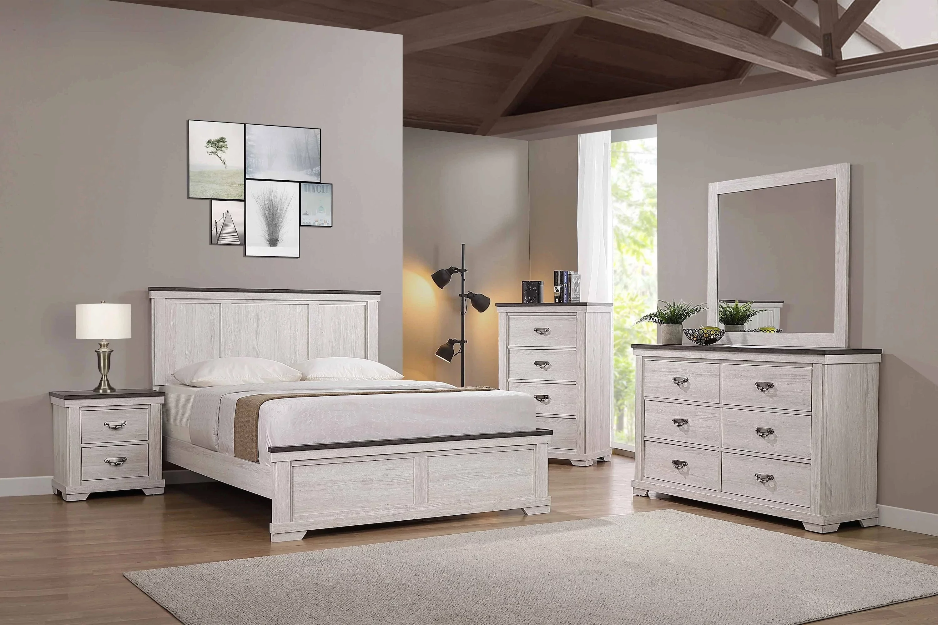 Antique White Brown Finish 5pc Panel Queen Size Bed Dresser Mirror 2x Nightstand Chest Furniture Set