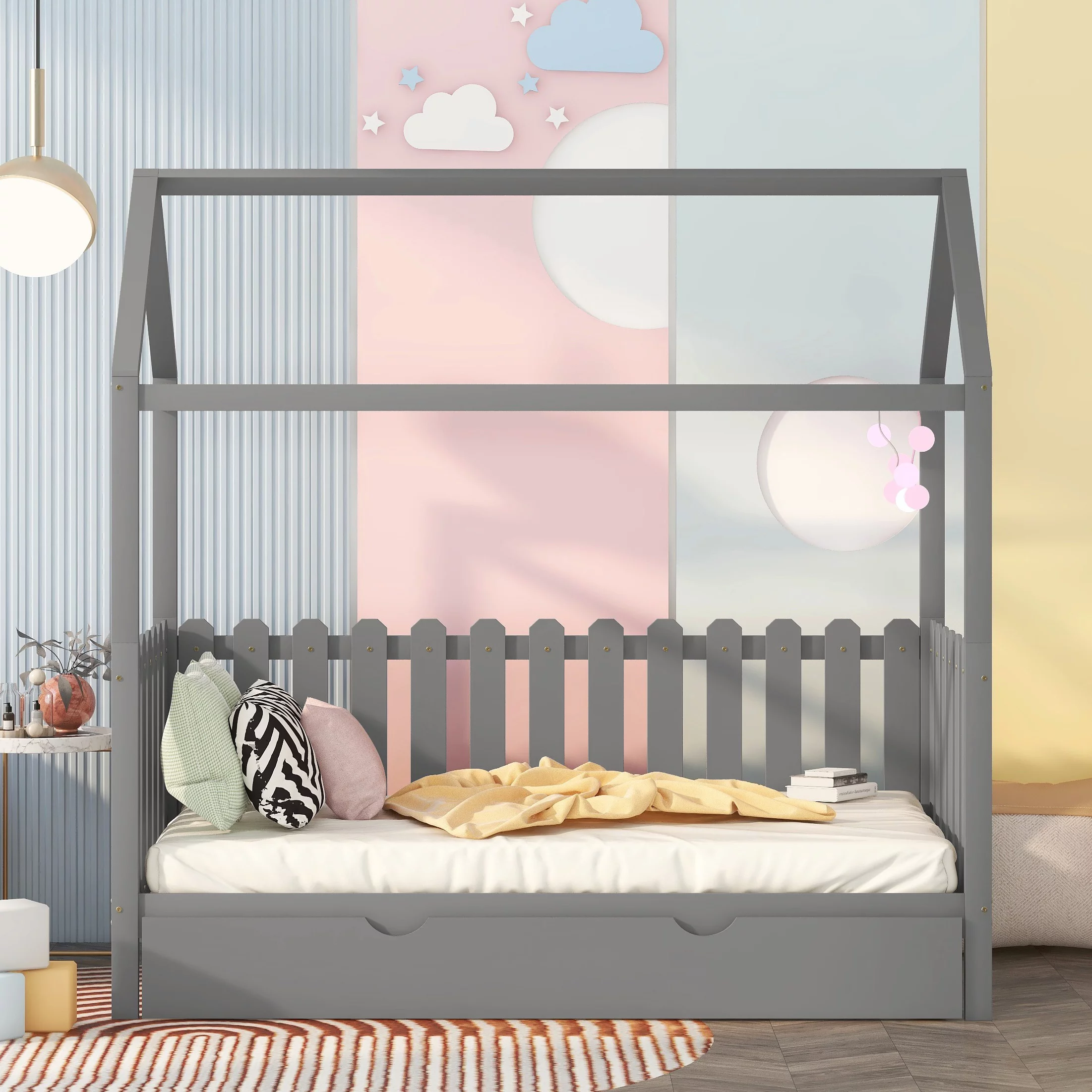 Bellemave House Bed with Trundle, Solid Wood Twin Size Kids Daybed with Roof, Twin Trundle Bed Frame for Kids Teens Girls Boys (Grey)