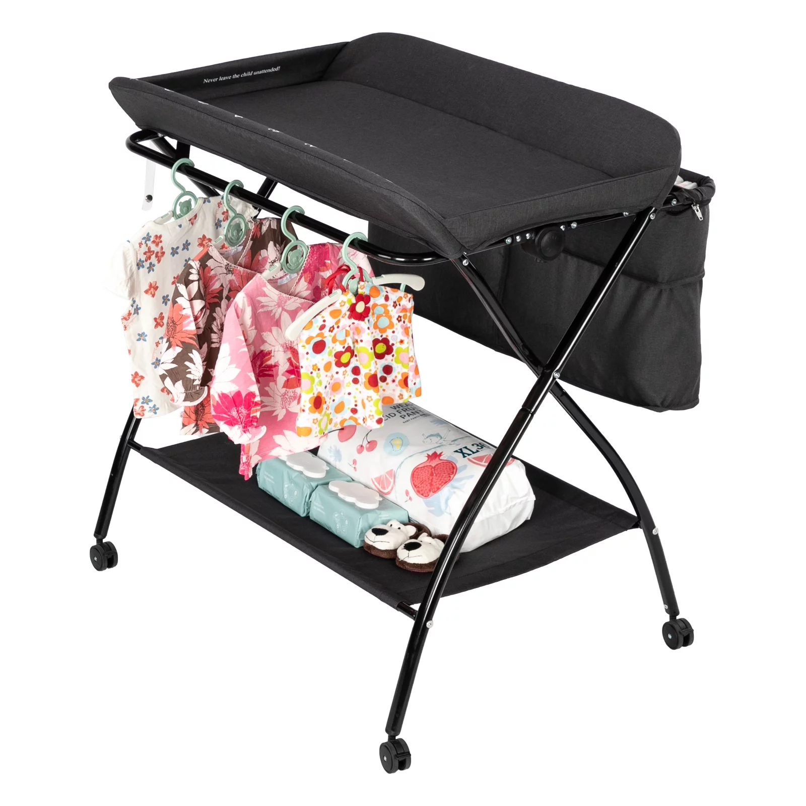 LALAHO Folding Baby Changing Table,Diaper Table,Lockable Wheels,Storage Basket, Black