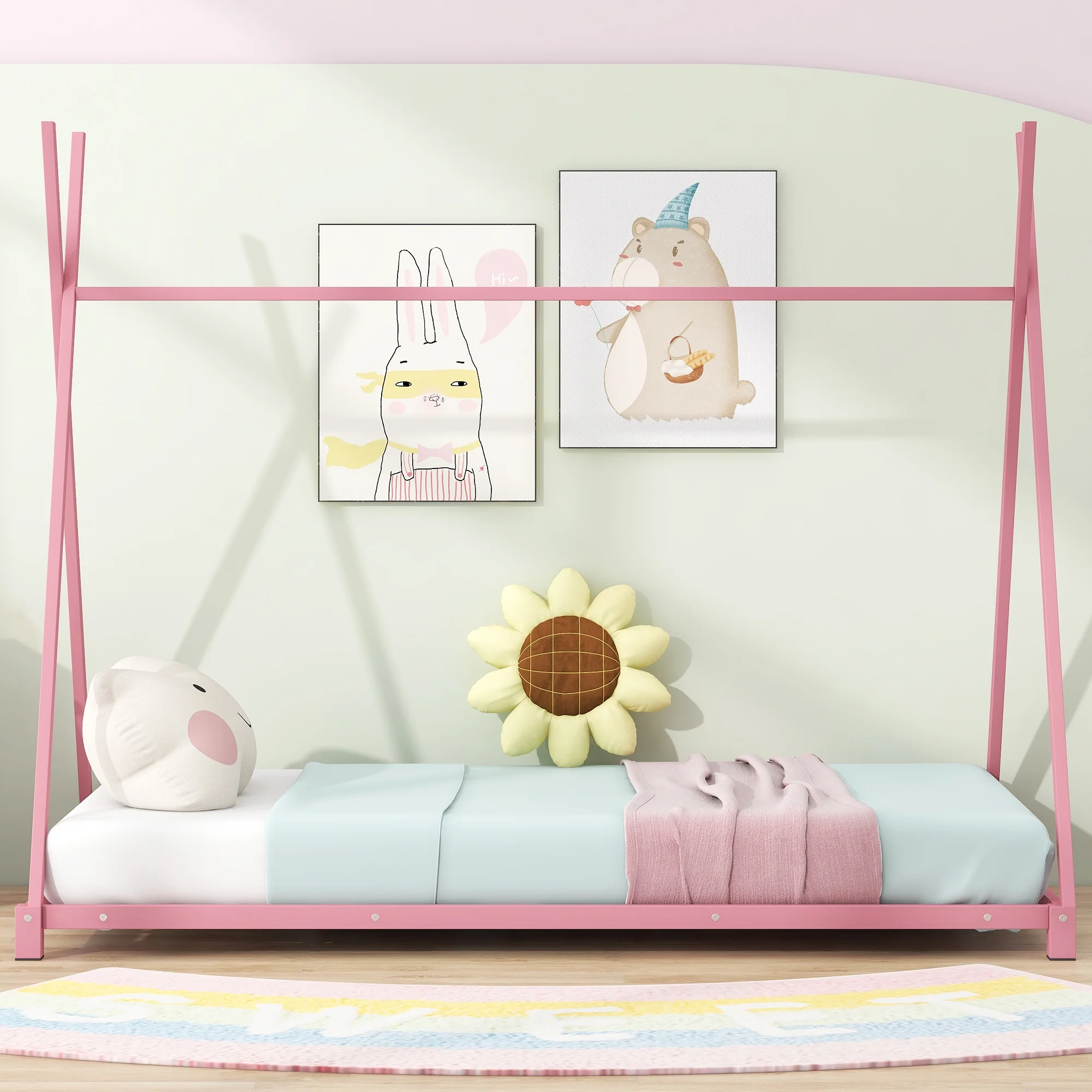Euroco Metal Tent Bed Frame, Twin Size Bed for Kids Bedroom, Pink