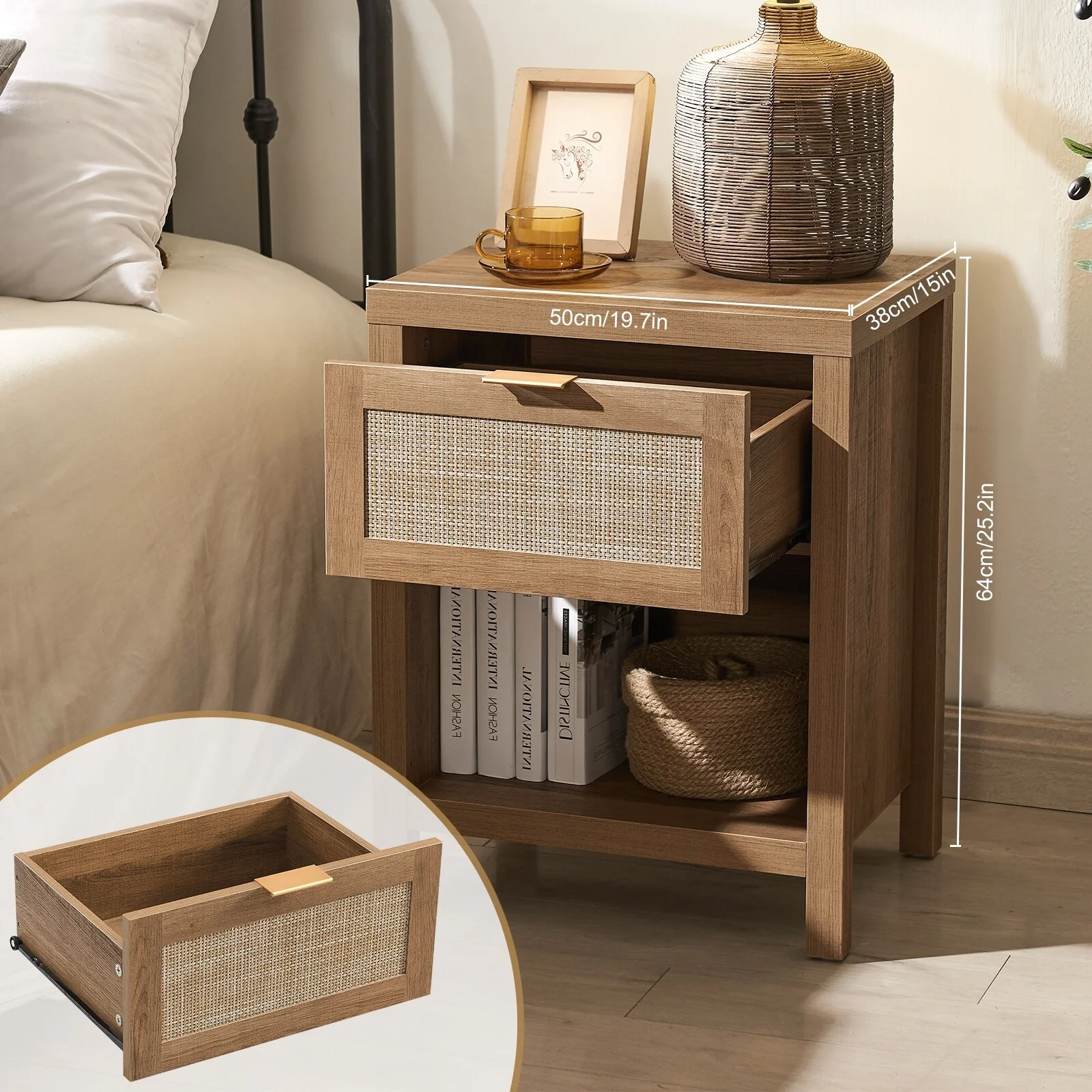 SICOTAS Farmhouse Rattan Nightstand Set of 2 with Drawer and Storage Shelf Oak