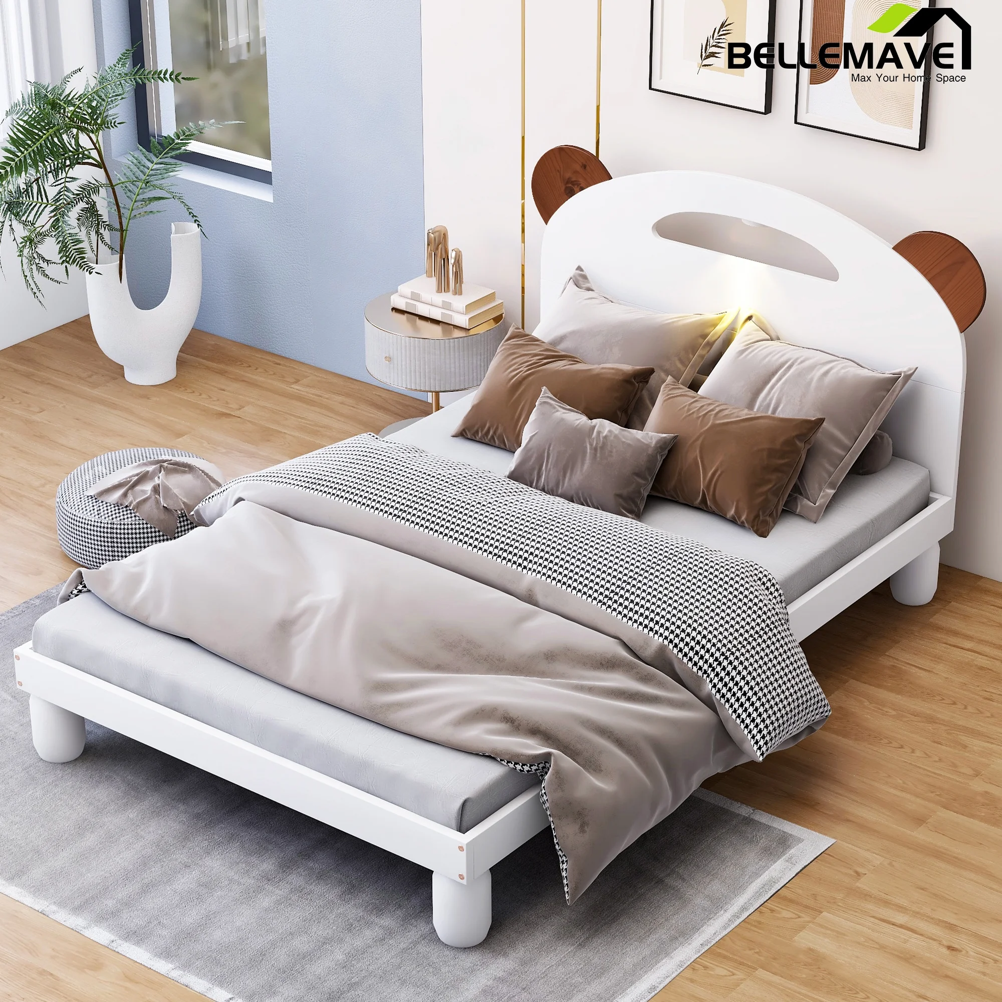 Bellemave Twin over Twin Size of Children's All Solid Wooden Platform Bed with Bear-shaped Headboard,and Induction LED,No Boxing Spring Needed,Cream White