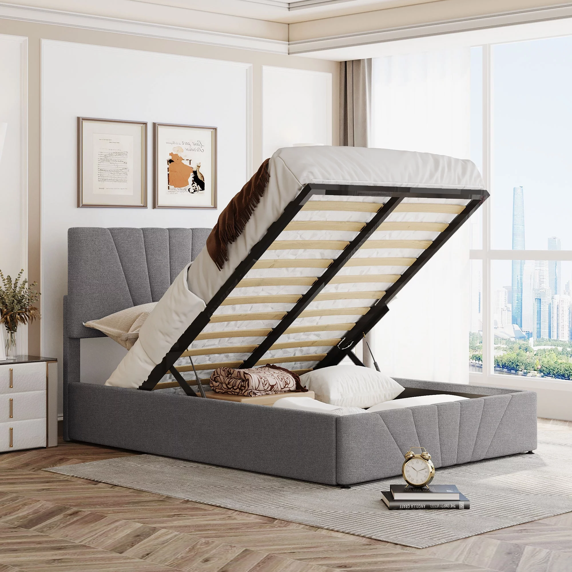 Full size Upholstered Platform bed with a Hydraulic Storage System No Box Spring required