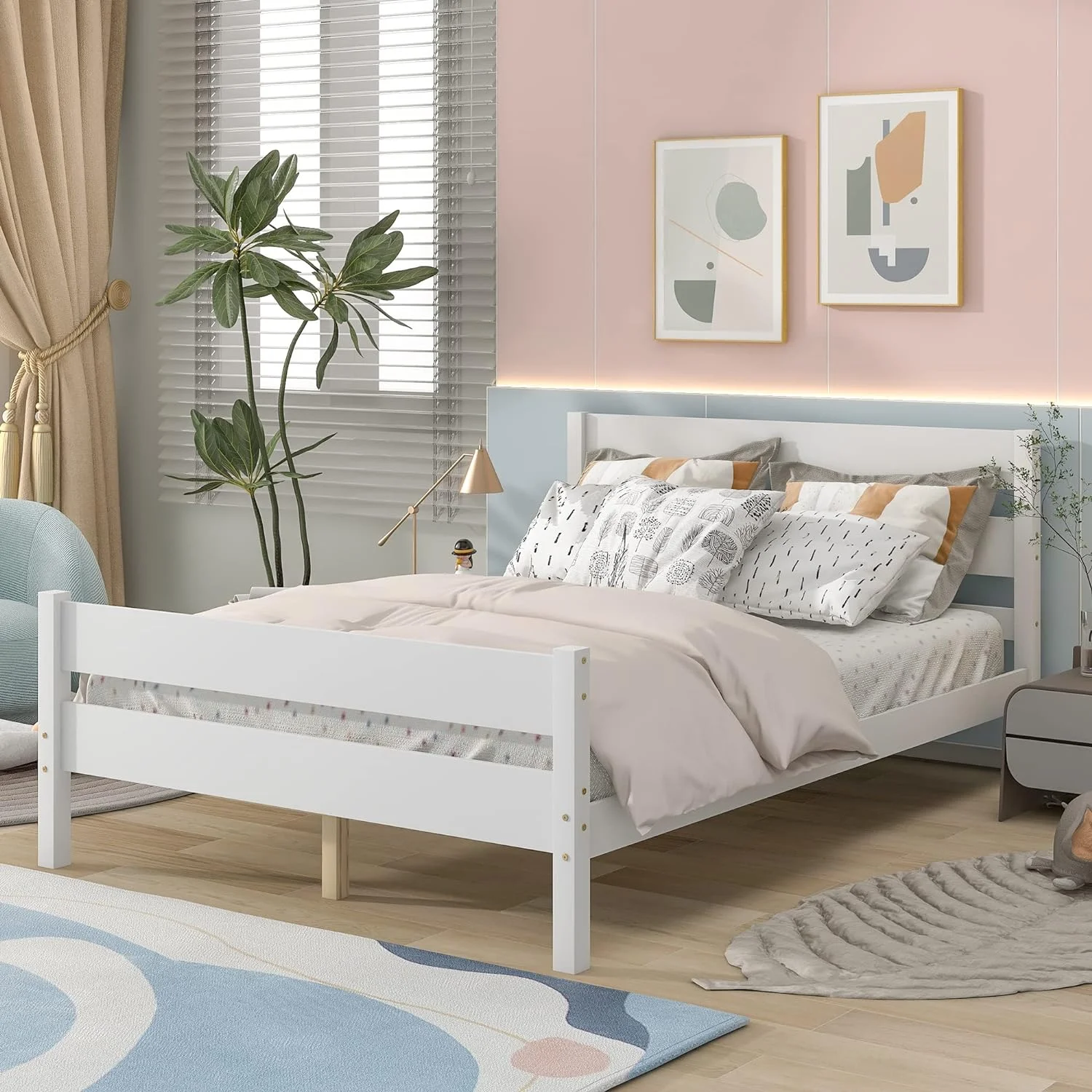 Full Bed Wih Headboard And Fooboard, Solid Wood Plaform Bed Frame (Full Size, Whie)