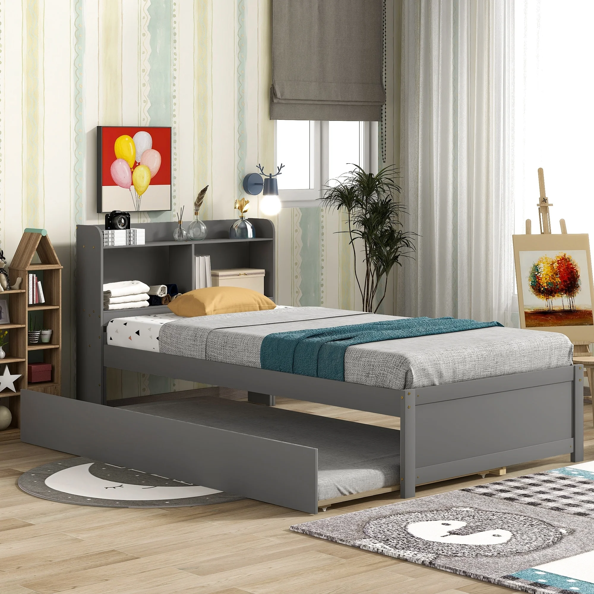 Twin Size Modern Kids Bed with Trundle and Bookcase White