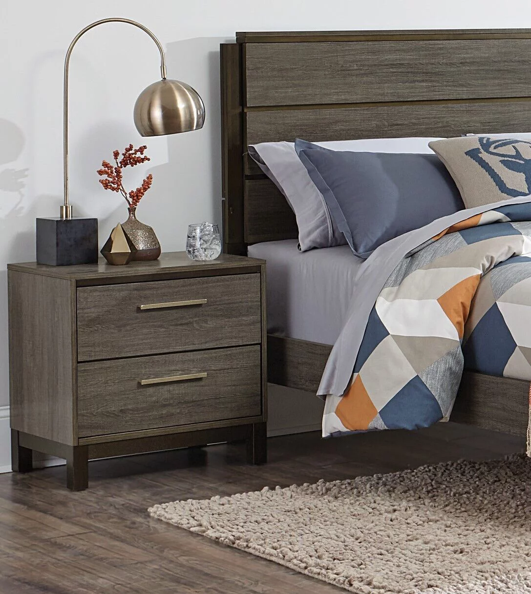 Contemporary Style Queen Bedroom Set 5pc Panel Bed 2x Nightstands Dresser Mirror Antique Gray and Dark Brown Furniture