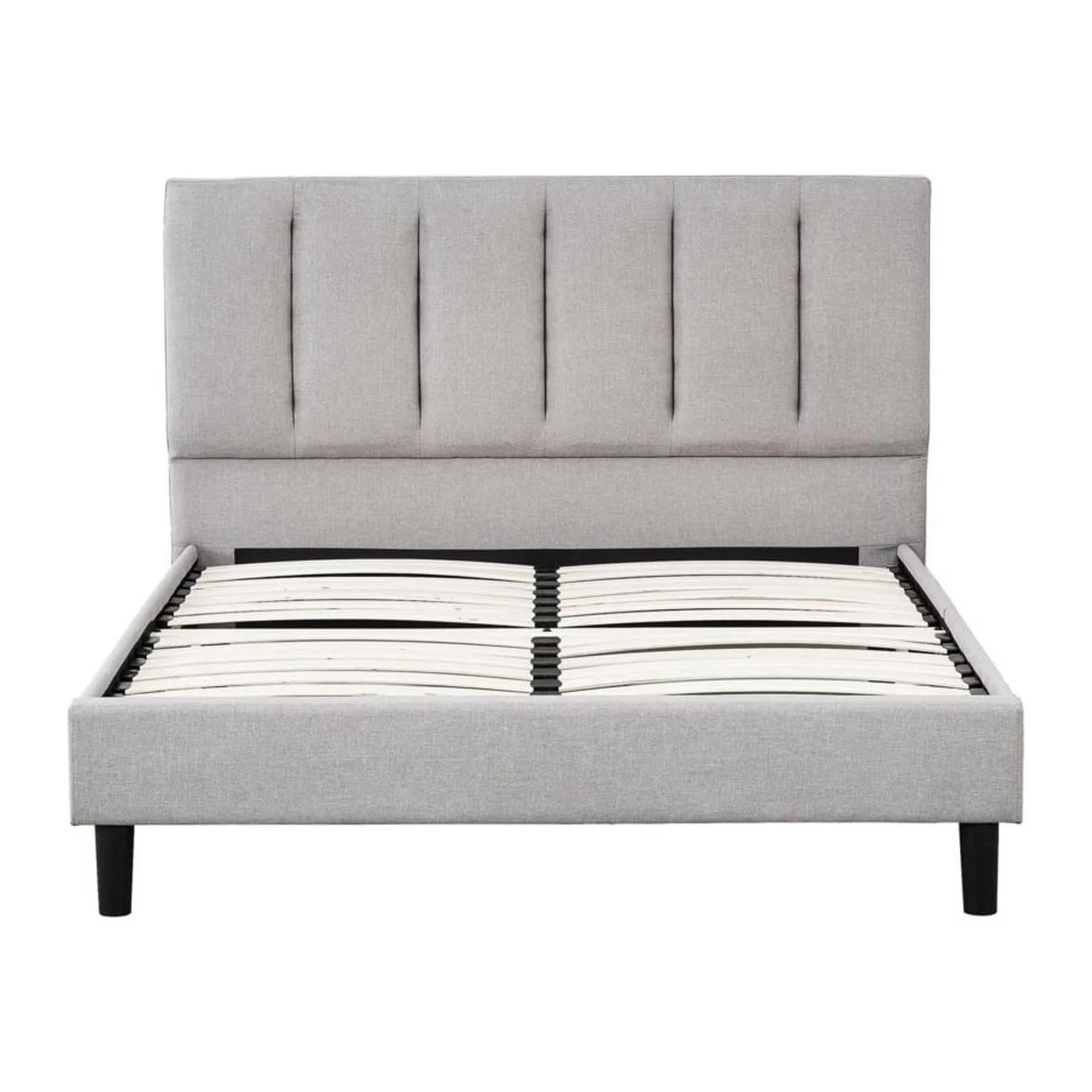 Heli Queen Bed, Gray Linen Upholstered Frame, Vertical Tufted Headboard- Saltoro Sherpi