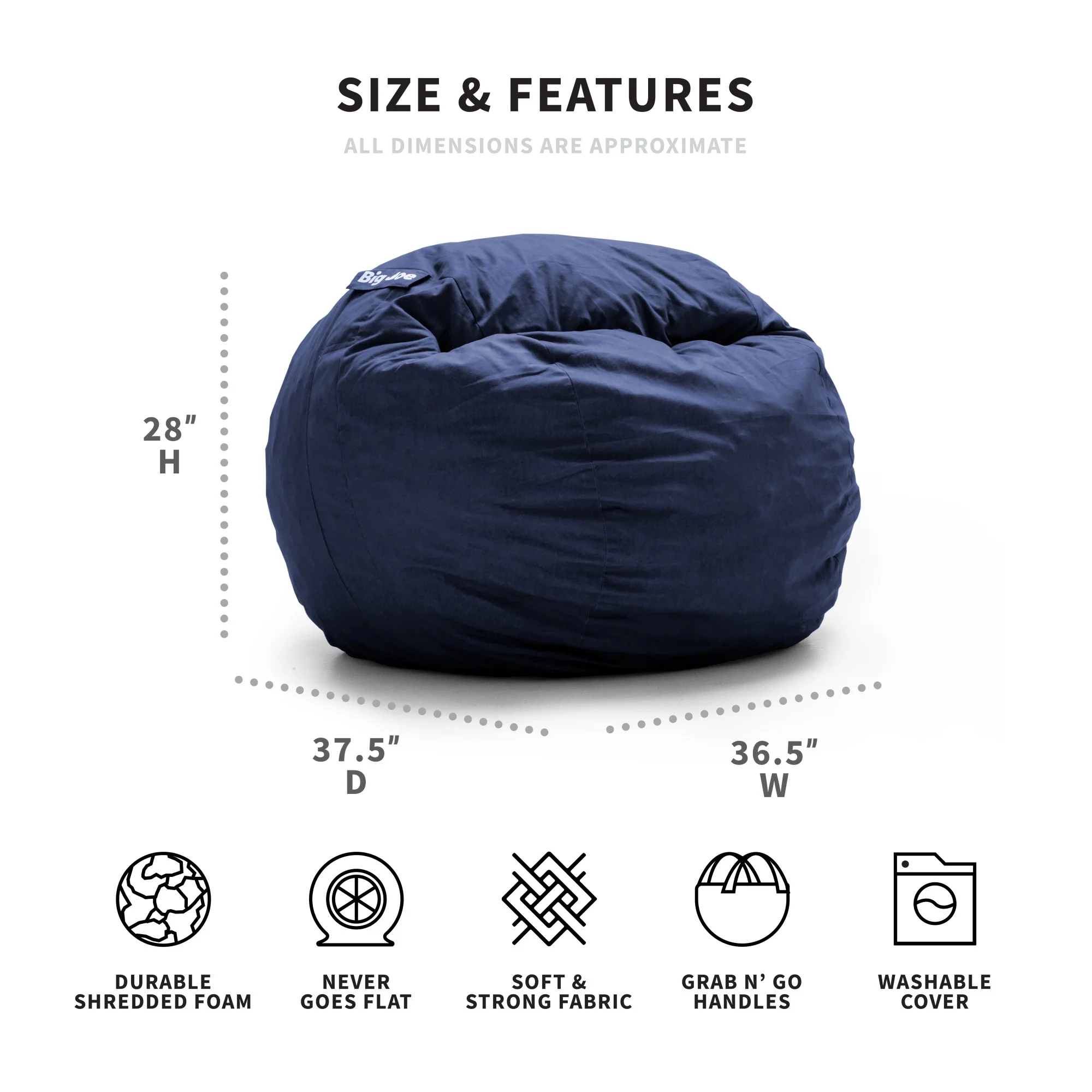 Big Joe Fuf Medium Foam Filled Bean Bag Chair with Removable Cover, Cobalt Lenox, Durable Woven Polyester, 3 feet Big