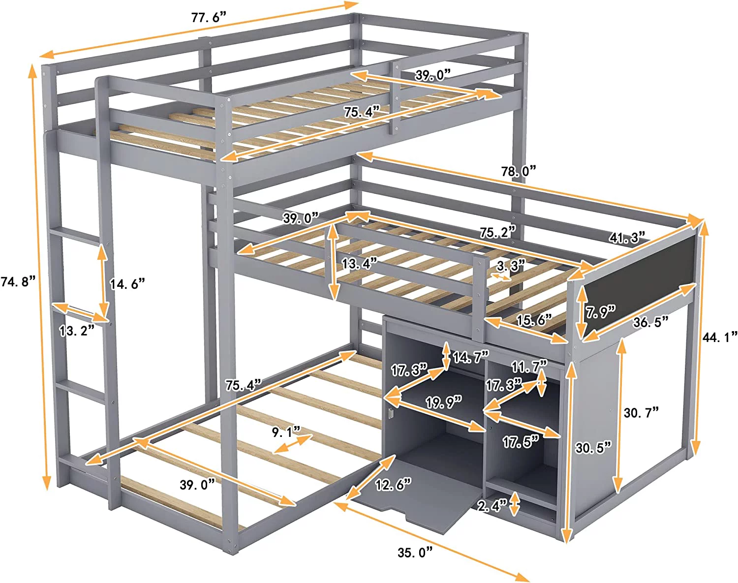 Triple Bunk Bed With Storage, L Shaped Bunk Bed Frame With Cabinet And Blackboard, Ladder, Solid Wood Bunk Bed For 3, For Kids Teens Girls Boys (Gray)