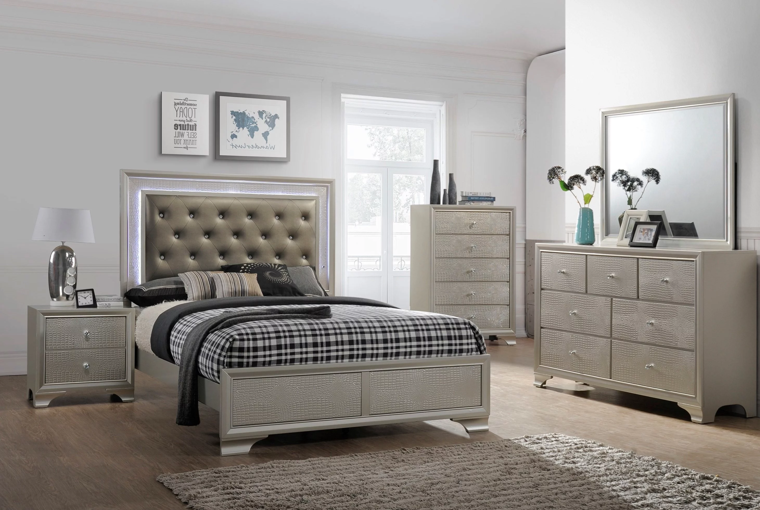 Modern Champagne Faux Finish 6pc Queen Size LED Headboard Bed Dresser Mirror Nightstand Chest Wooden Bedroom Storage Furniture Set